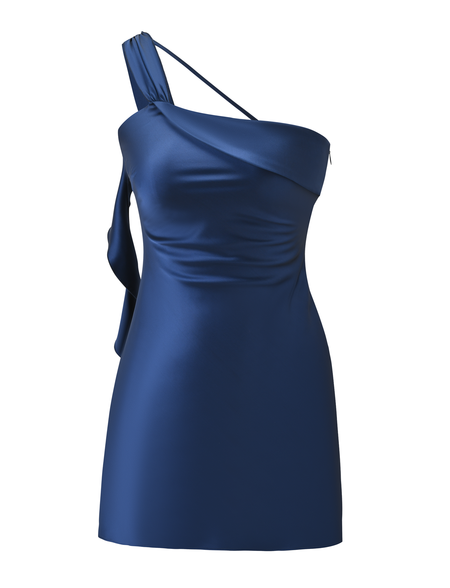 The TIGERMIST RAINEY MINI DRESS in navy features a shiny one-shoulder design with a dramatic waterfall ruffle on one side, shown against a plain white background.