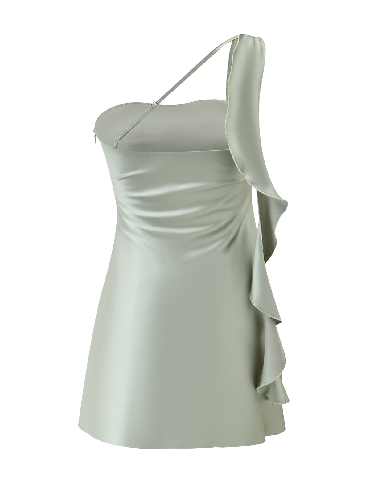 The RAINEY MINI DRESS - PISTACHIO by TIGERMIST is a pastel green satin mini dress with an asymmetrical, chic one-shoulder design, featuring a single thin strap and ruffled detail cascading down one side.