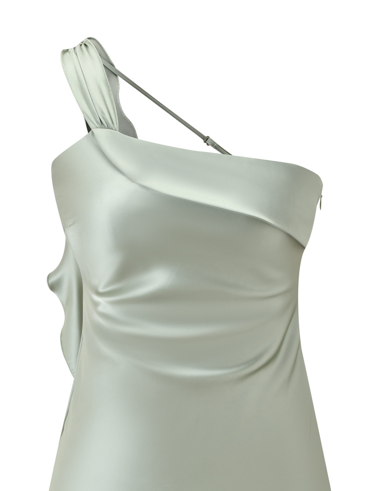 A close-up of the TIGERMIST RAINEY MINI DRESS in Pistachio, showcasing its pastel green satin fabric, asymmetrical one-shoulder design with a draped strap, and subtle gathered details.