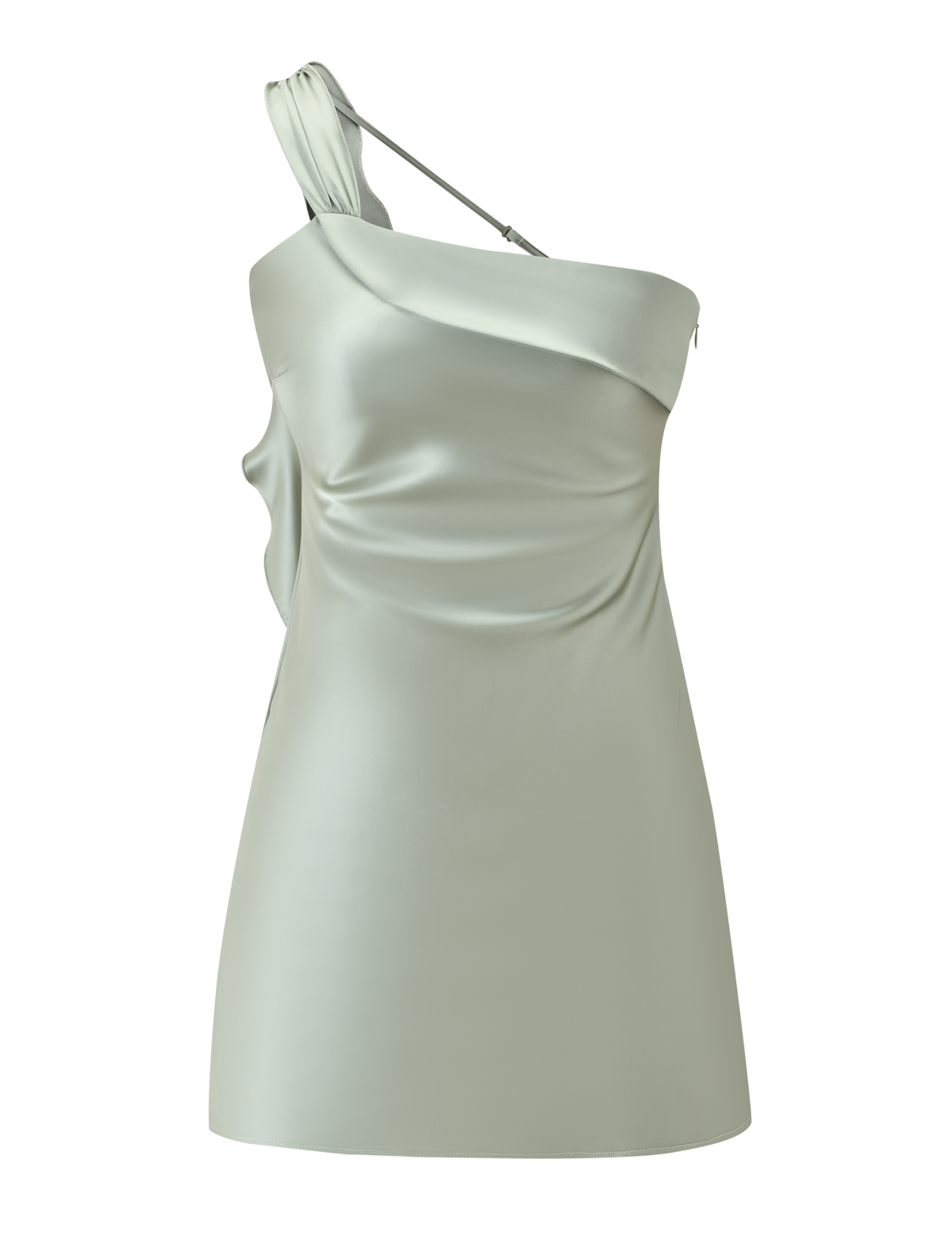 The RAINEY MINI DRESS - PISTACHIO by TIGERMIST is a pastel green satin mini dress with an asymmetrical one-shoulder neckline, draped fabric, and subtle side ruching, shown on a plain white background—perfect for special occasions.