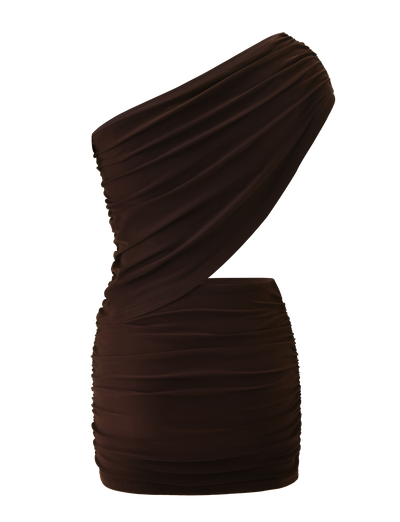 The TIGERMIST RYLAND DRAPED MINI DRESS in chocolate features a fitted silhouette, ruched mini skirt, and an asymmetrical one-shoulder neckline, shown against a plain white background.