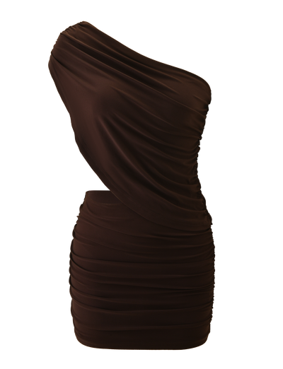 The TIGERMIST RYLAND DRAPED MINI DRESS in chocolate features a fitted, one-shoulder design with ruched detailing and an asymmetric neckline, shown on a plain white background.