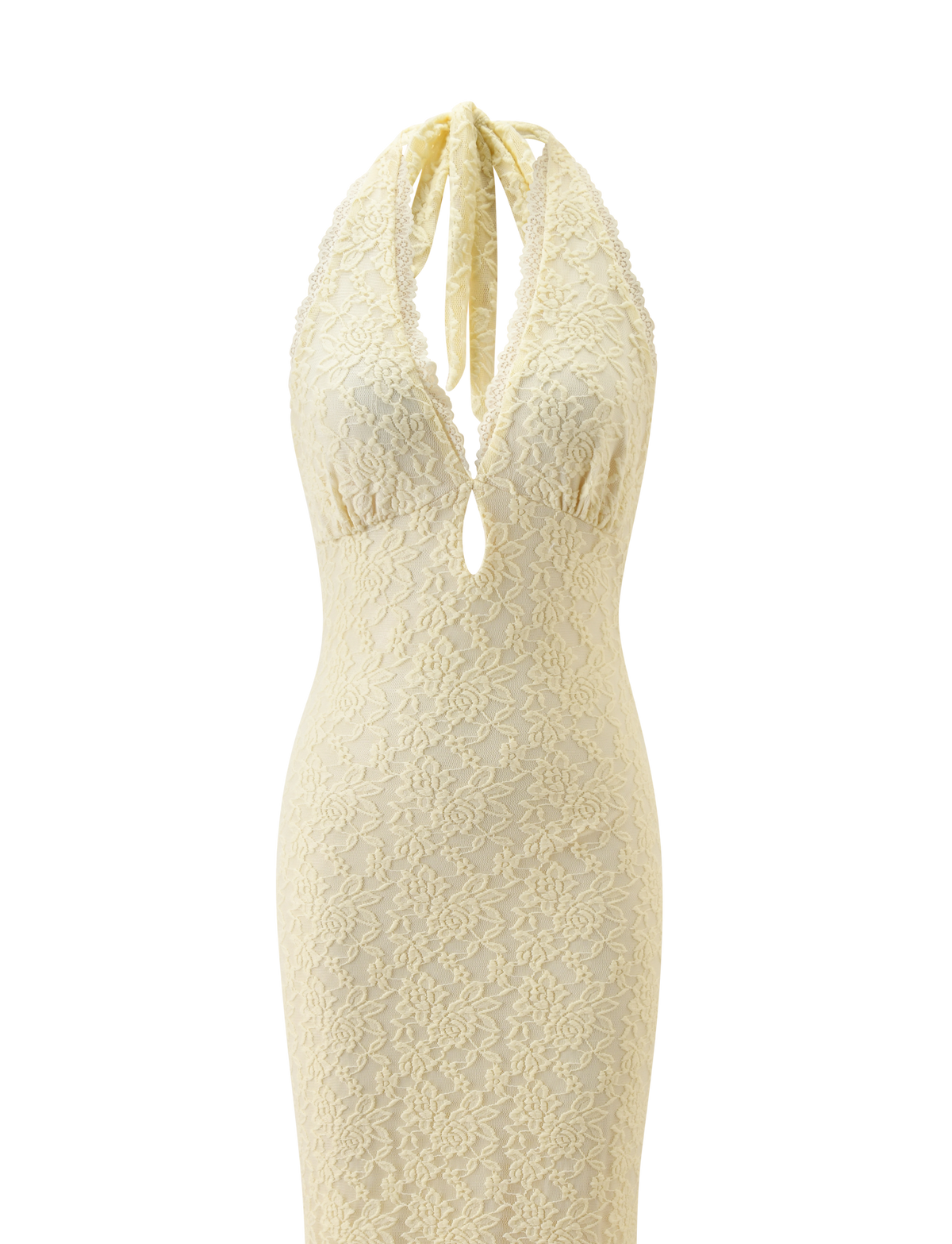 TIGERMIST MAVEN LACE MAXI DRESS in pastel yellow features a sleeveless, floor-length silhouette with a deep V-neck, halter neck tie, and keyhole detail below the bust, shown on a white background.