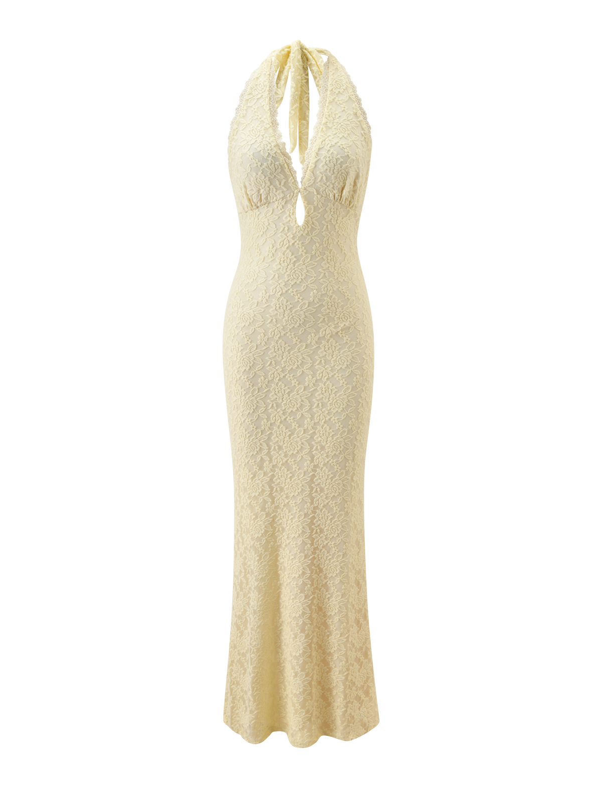 The MAVEN LACE MAXI DRESS by TIGERMIST features a sleeveless, pastel yellow design with a halter neckline, keyhole chest cutout, fitted waist and hips, and a gently flared hem.