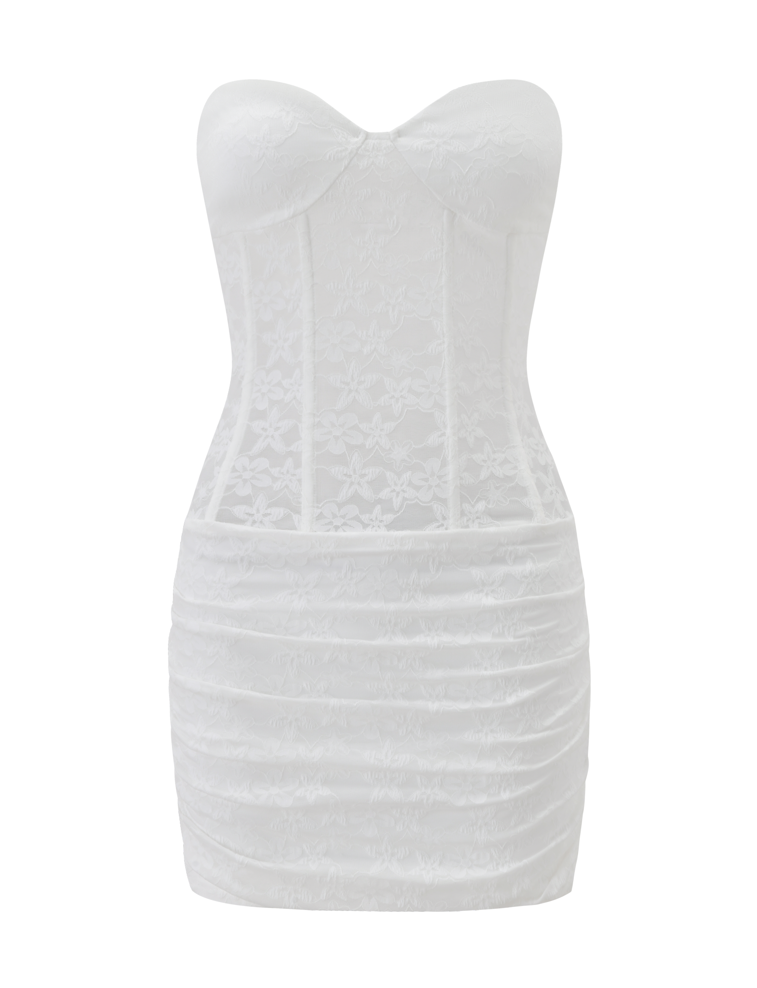 The PETRA MINI DRESS by TIGERMIST features strapless white lace with a fitted corset bodice and ruched mini skirt, displayed against a plain white background.