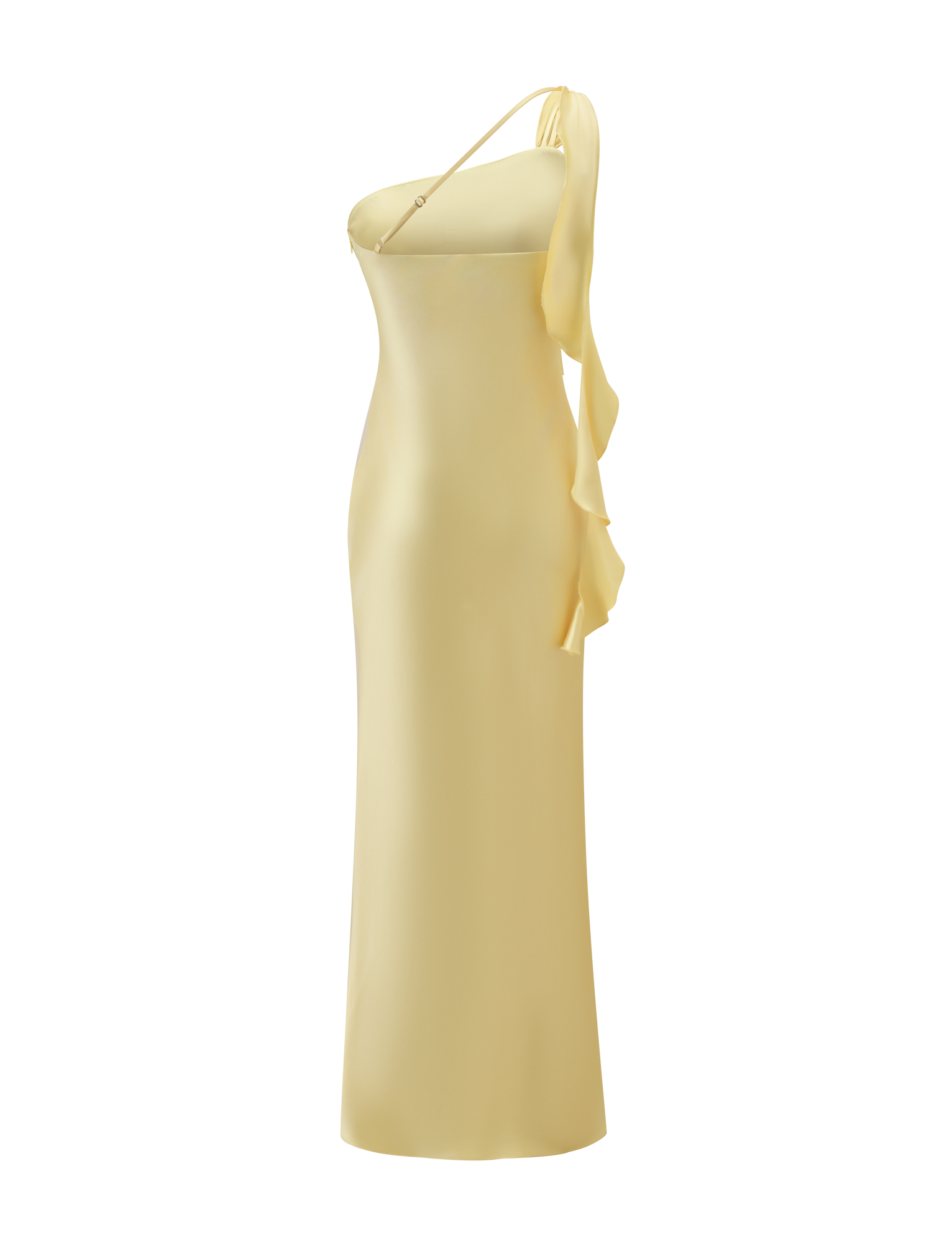 The TIGERMIST RAINEY MAXI DRESS in butter yellow features a pale satin finish, one-shoulder design with a thin strap, fitted silhouette, and a dramatic waterfall ruffle cascading from shoulder to back.