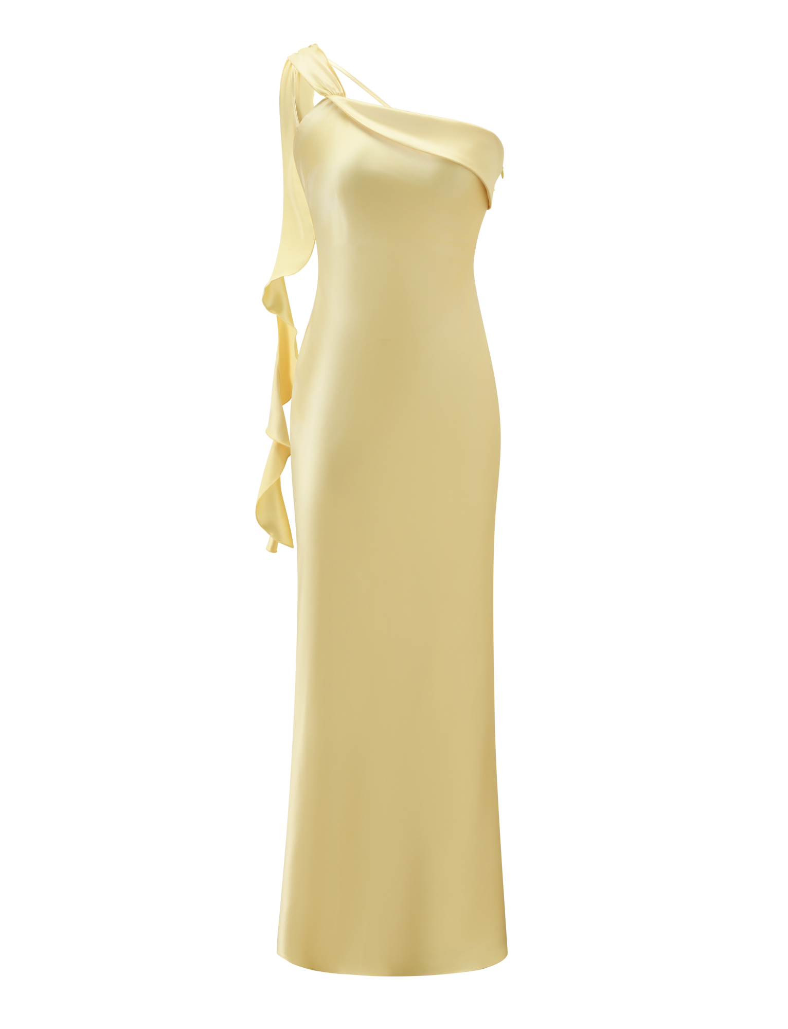 The TIGERMIST RAINEY MAXI DRESS in butter yellow features elegant satin fabric, an asymmetrical one-shoulder neckline, and a waterfall-inspired draped ruffle detail, shown on a plain white background.