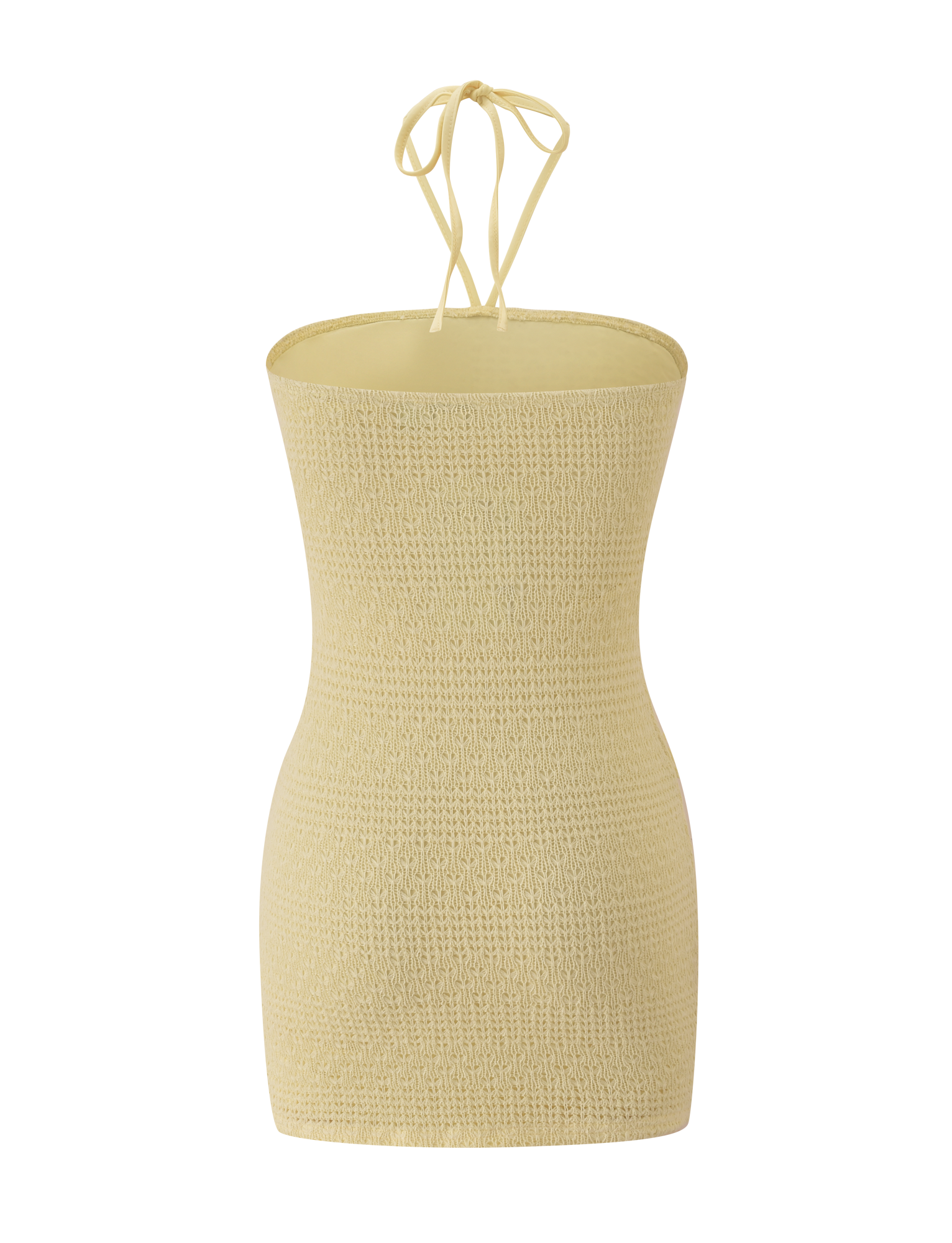 The KORRI DRESS - BUTTER by TIGERMIST is a light yellow, strapless, smocked tube dress with halter neck ties, shown on a plain white background.