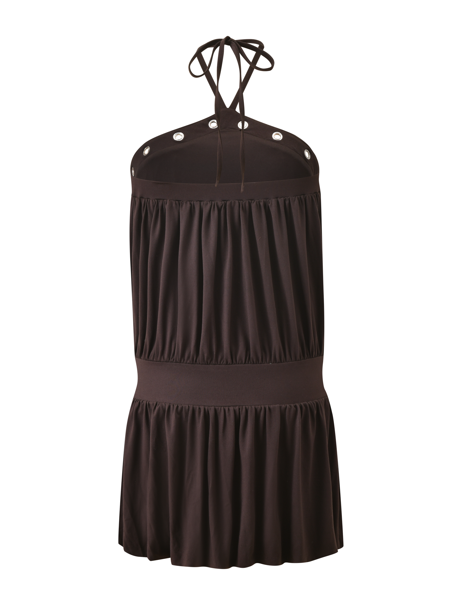 The TIGERMIST NATASHA DRESS - CHOCOLATE is a sleeveless mini dress featuring a halter neckline with thin tie straps, metal grommet accents, gathered bodice and waist, and a flared skirt.