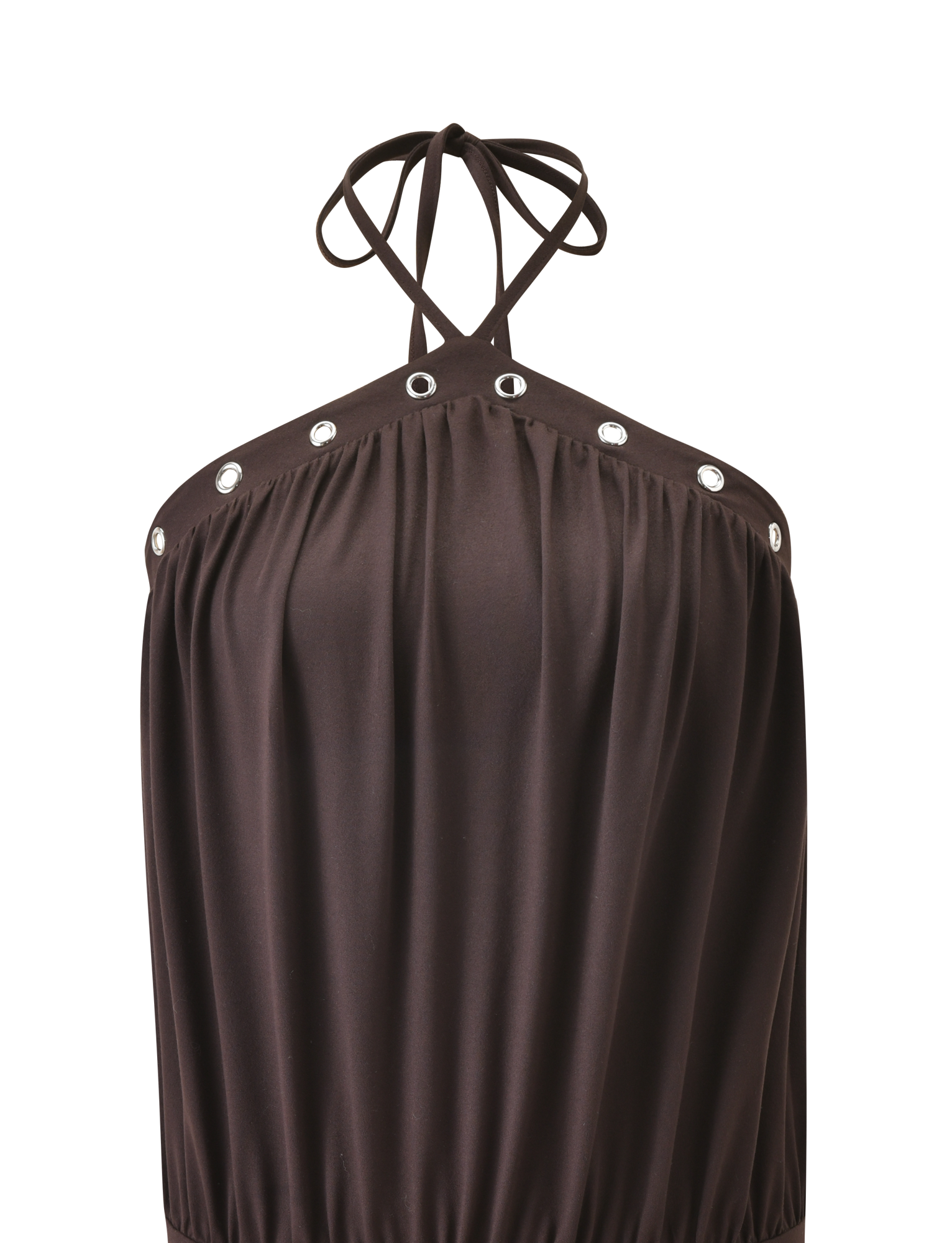The NATASHA DRESS - CHOCOLATE by TIGERMIST is a chocolate brown mini dress featuring a halter neckline with gathered fabric, silver grommet accents, and thin straps that tie elegantly behind the neck.