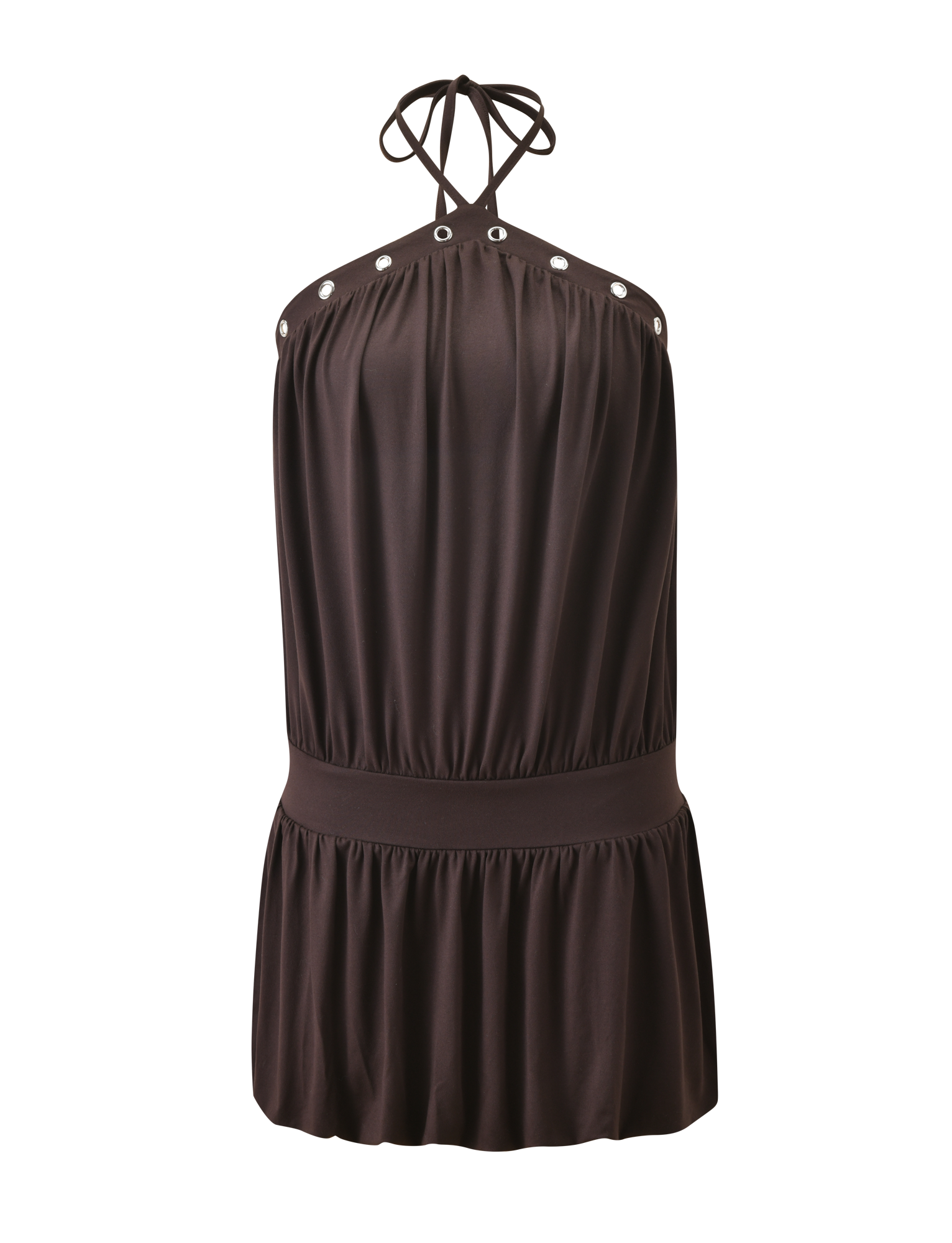 The NATASHA DRESS - CHOCOLATE by TIGERMIST is a chocolate brown mini dress with a halter neckline, gathered waist, silver grommet accents at the neckline, and a chic bubble hem, shown on a plain white background.