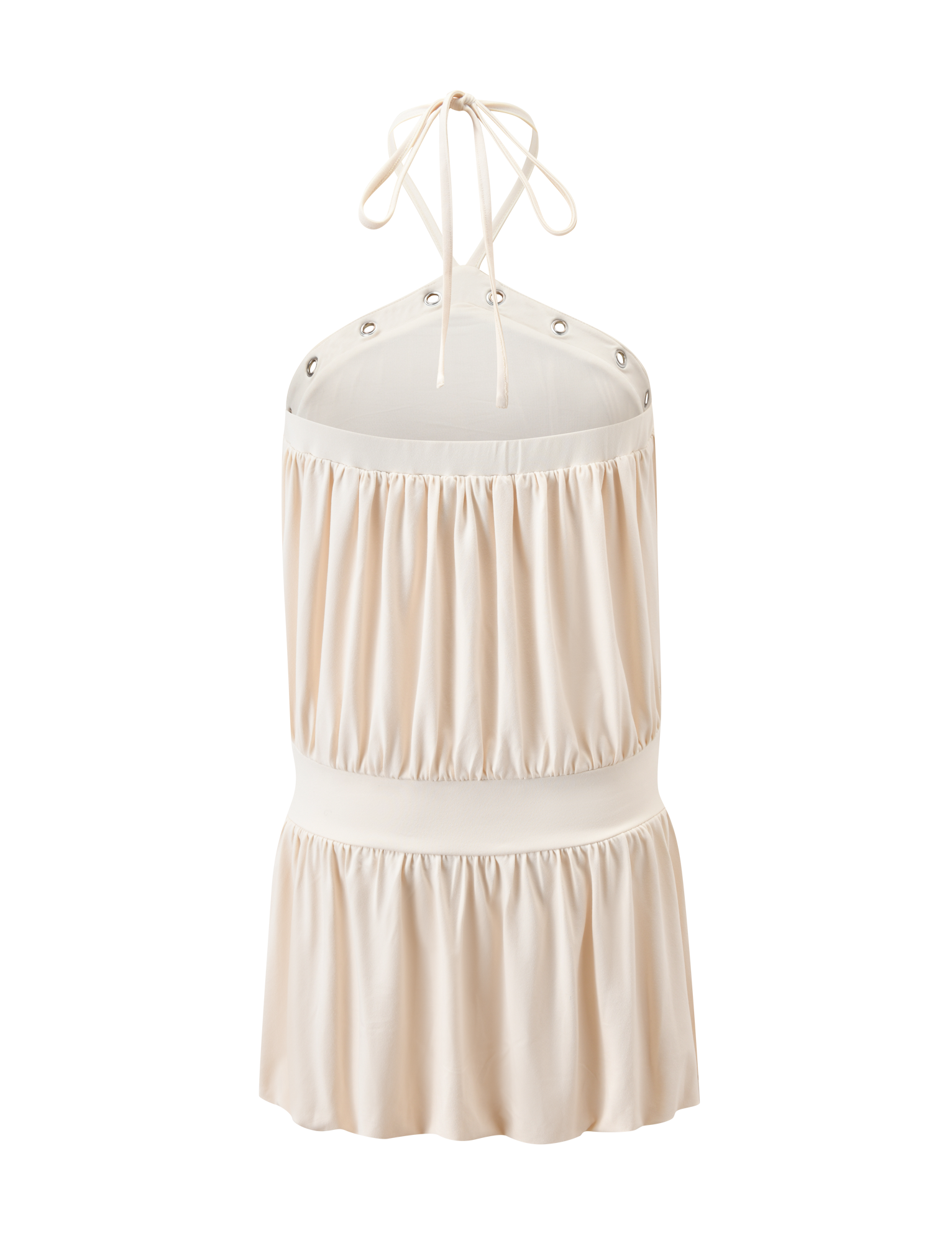 The TIGERMIST NATASHA DRESS in cream features a sleeveless halter neckline with metal grommet details, ruched gathering, a tie at the neck, banded waist, and a subtle bubble hem for added flair.