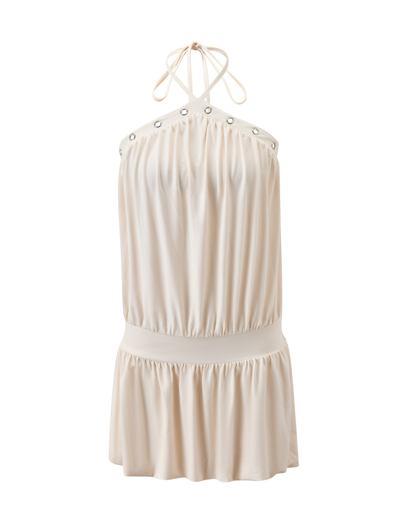 The TIGERMIST NATASHA DRESS in cream is a sleeveless mini with a gathered halter neckline featuring metal eyelets, a back tie, elastic waistband, and a flared skirt.