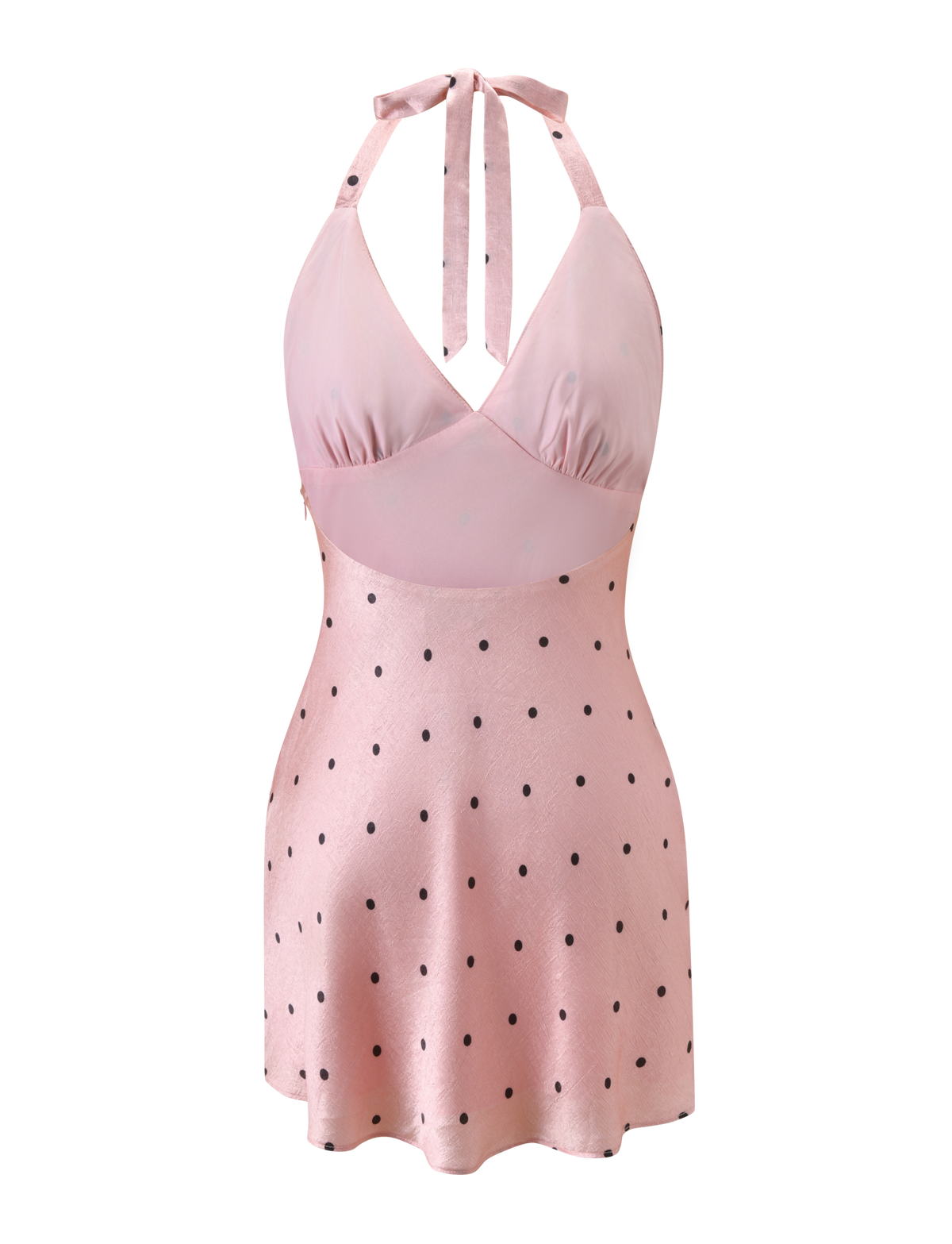The TIGERMIST CINCIE MINI DRESS - PINK DOT features a pink halter-neck design with a crossover bodice, fitted waist, flared skirt, and playful black polka dots.