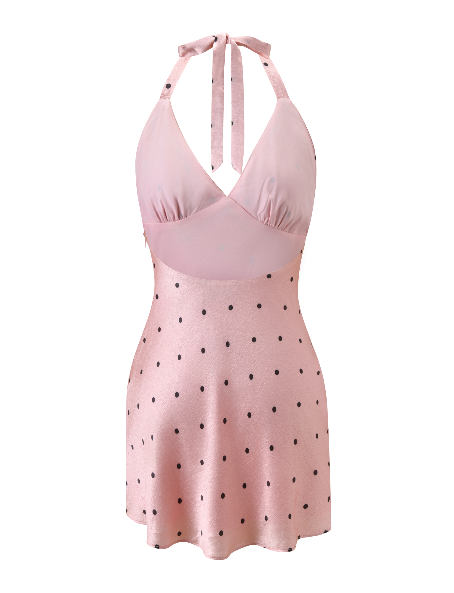The TIGERMIST CINCIE MINI DRESS - PINK DOT features a pink halter-neck design with a crossover bodice, fitted waist, flared skirt, and playful black polka dots.