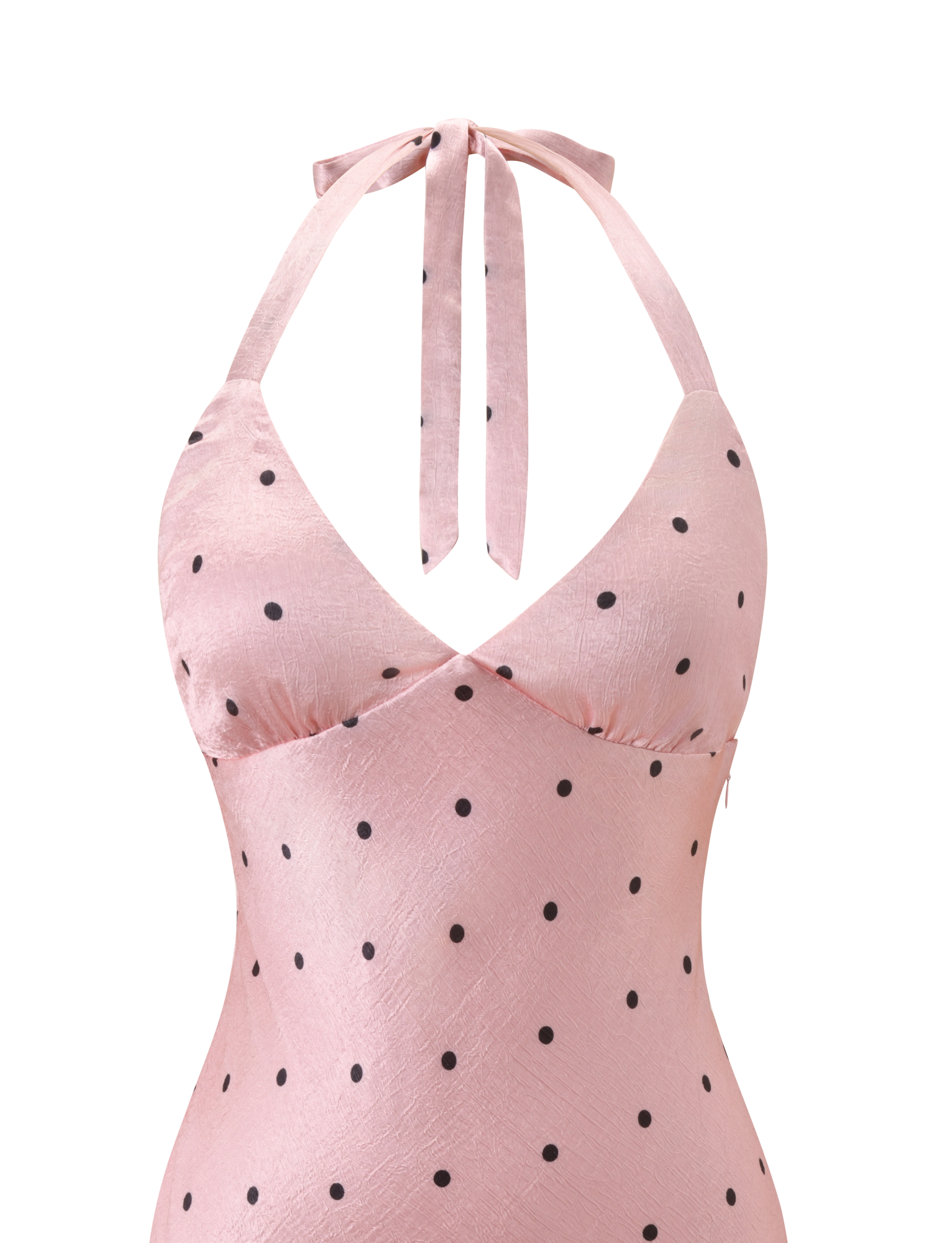 The TIGERMIST CINCIE MINI DRESS - PINK DOT is a playful light pink mini dress with black polka dots, featuring a halter neck, wrap-style bust, and a bow tied at the neck.
