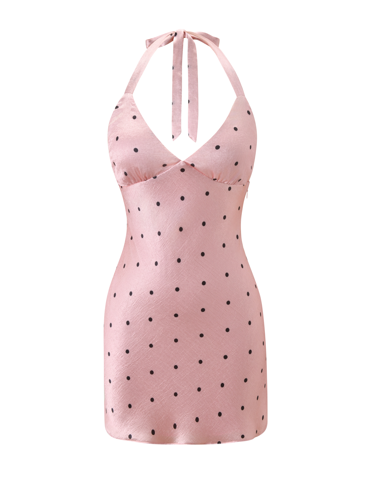 The CINCIE MINI DRESS - PINK DOT by TIGERMIST is a playful satin halter-neck mini dress with black polka dots and a neck tie, shown against a plain white background.