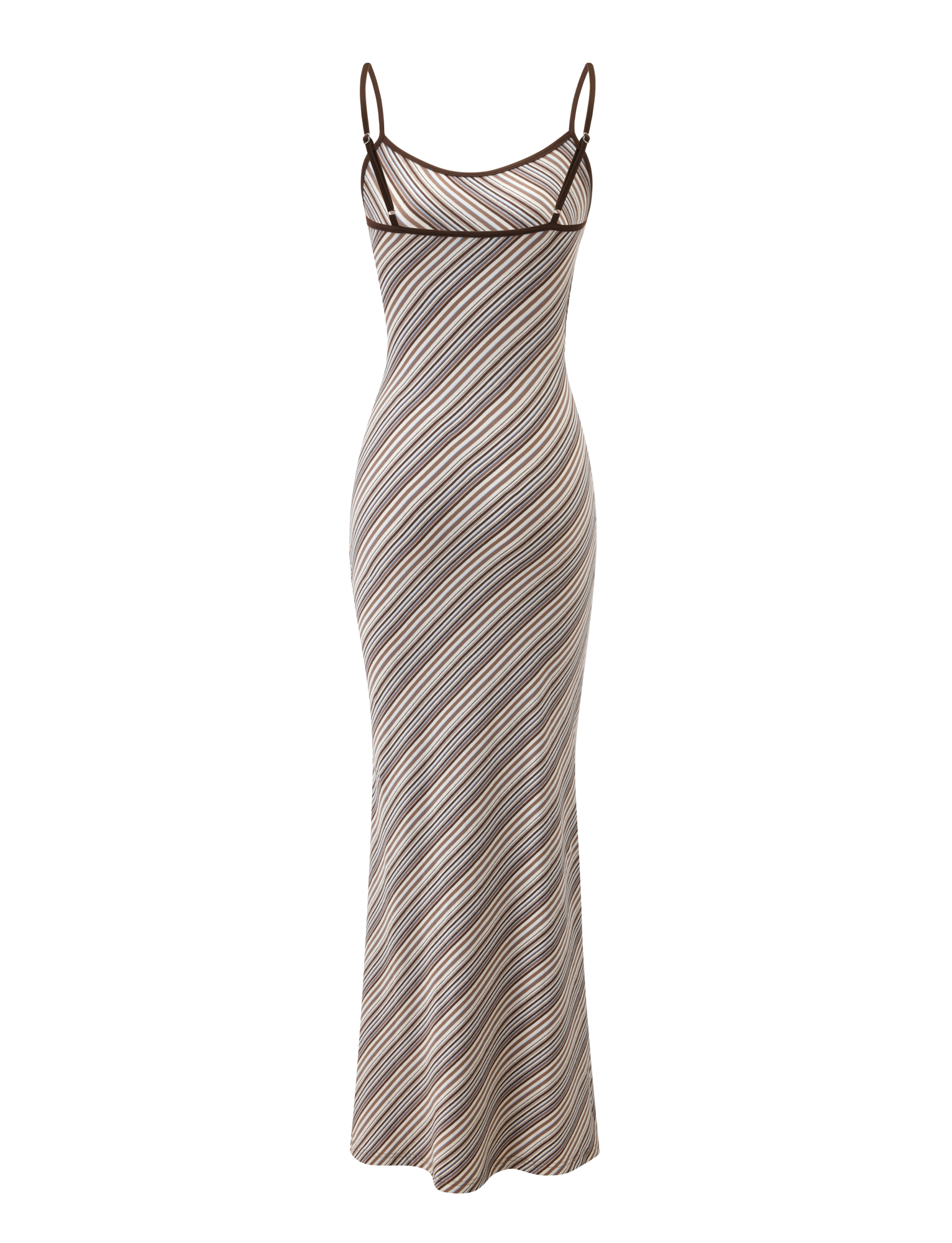 The TIGERMIST SLOANE MAXI DRESS features thin spaghetti straps, a fitted silhouette, and diagonal brown, beige, and white stripes. Shown against a plain white background.