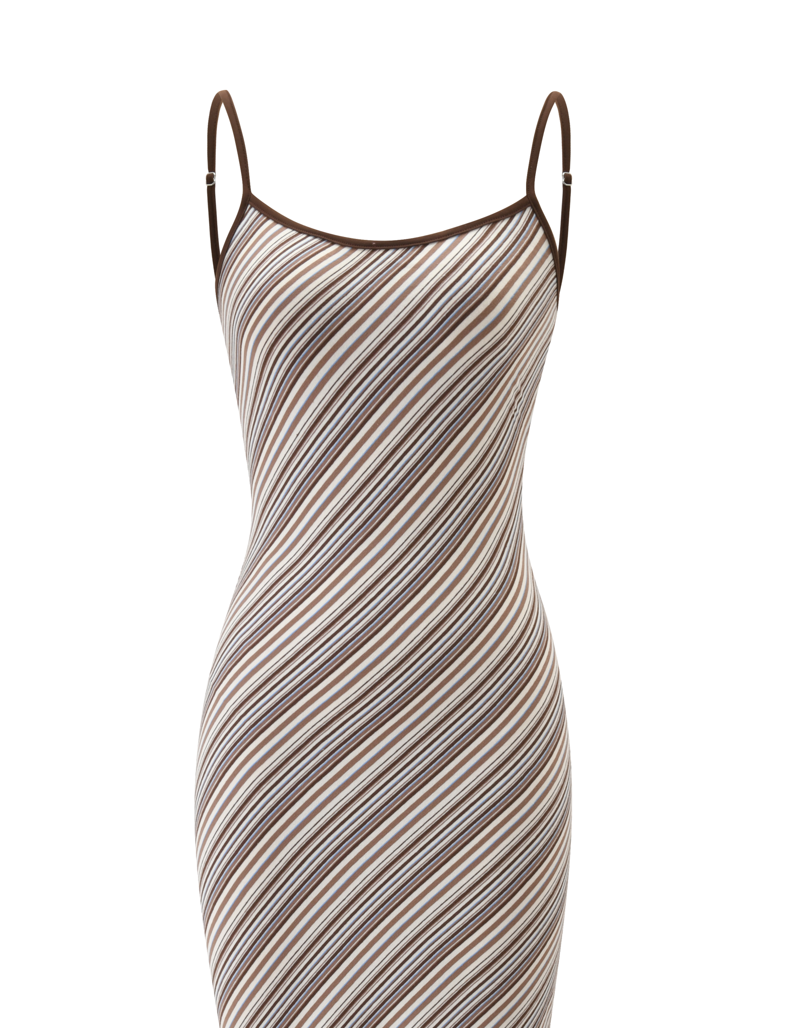The TIGERMIST SLOANE MAXI DRESS in tan and choc stripe is a sleeveless, body-hugging maxi with thin straps and diagonal brown, beige, and white patterns, shown on a plain white background.