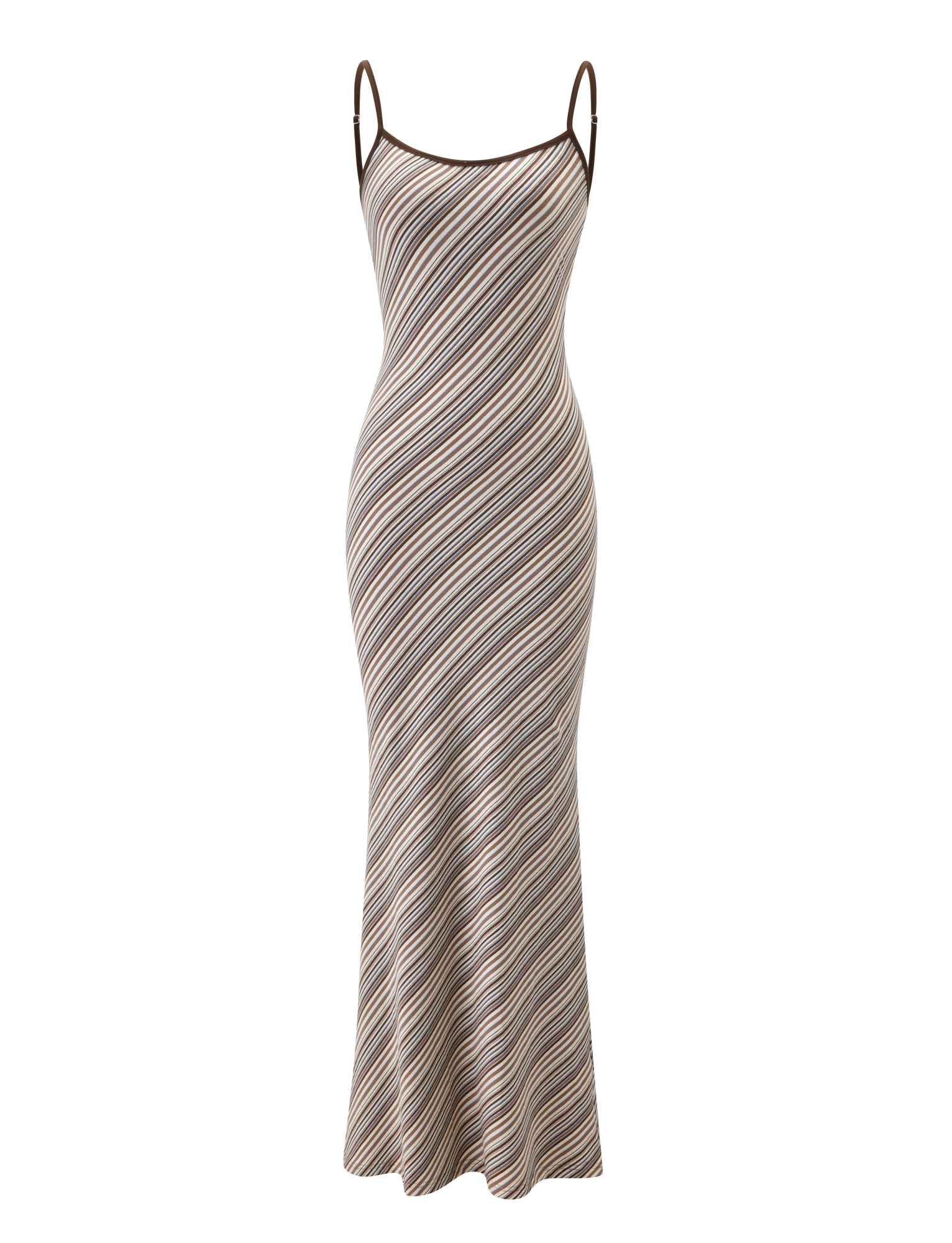 The TIGERMIST SLOANE MAXI DRESS - TAN AND CHOC STRIPE features a sleeveless, fitted silhouette with thin spaghetti straps and diagonal brown, beige, and white stripes on a light background. Displayed on a plain white backdrop.