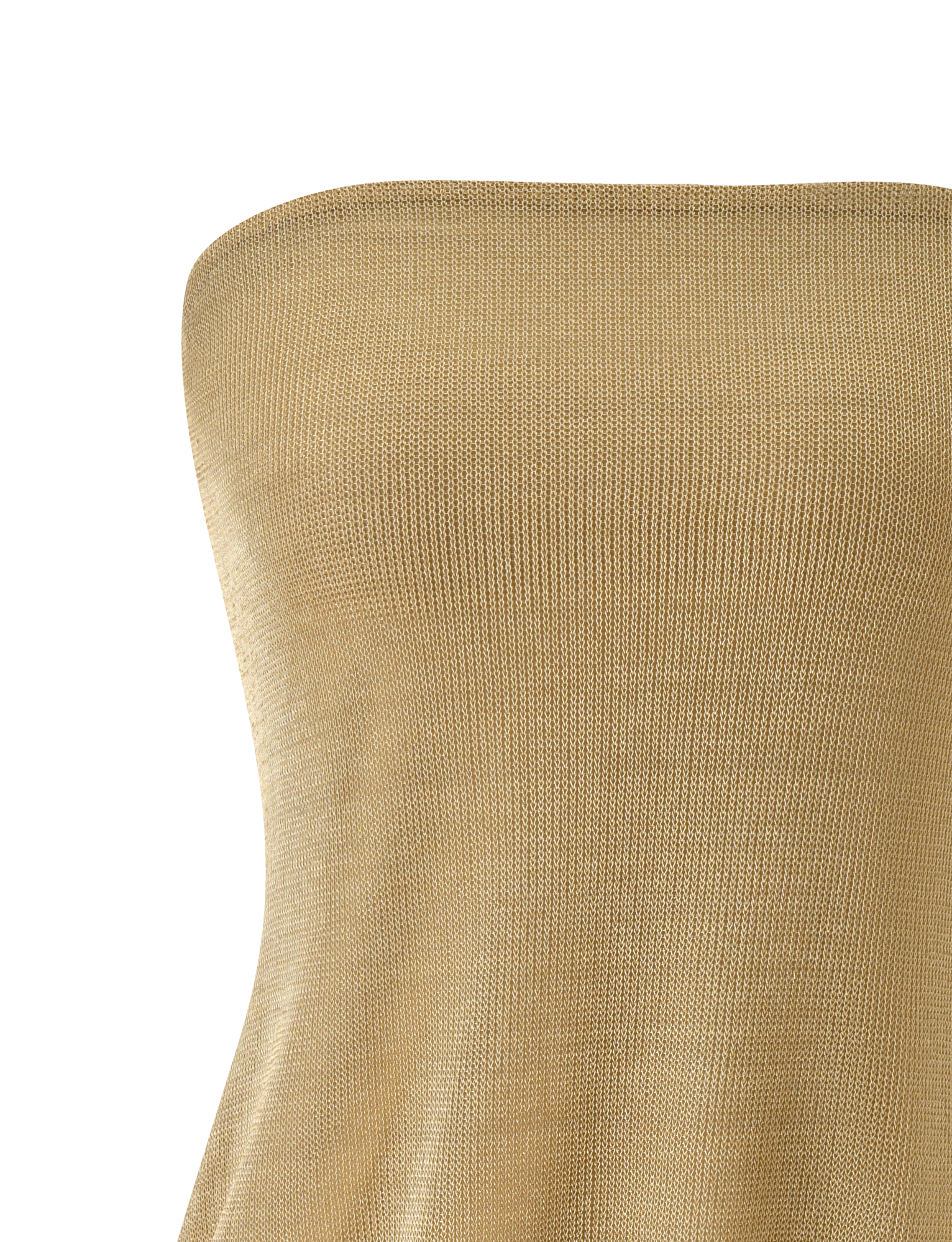 A close-up of the TIGERMIST ADELYN MINI DRESS - GOLD, a strapless mini dress crafted from metallic knit fabric, is shown against a white background, emphasizing the upper bodice and the intricate bodycon-inspired texture.