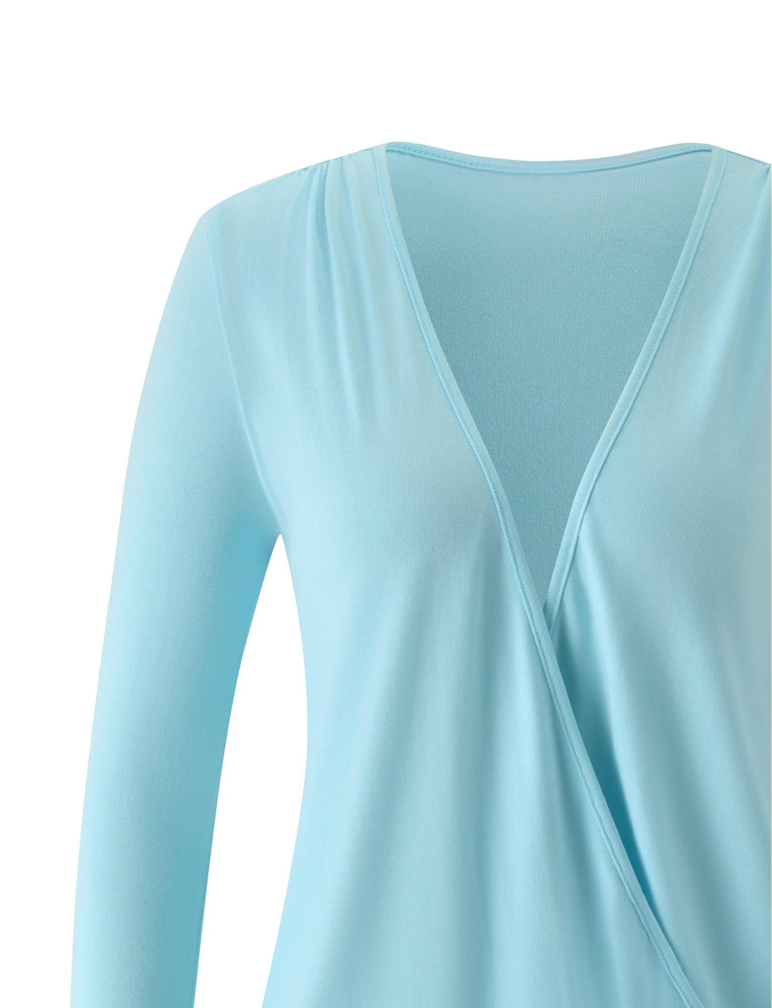Aqua blue, long-sleeve FOXLEY MINI DRESS by TIGERMIST featuring a deep V-neck and wrap-style front, crafted from soft, stretchy fabric reminiscent of a chic surplice silhouette. Only the upper section is visible against a white background.