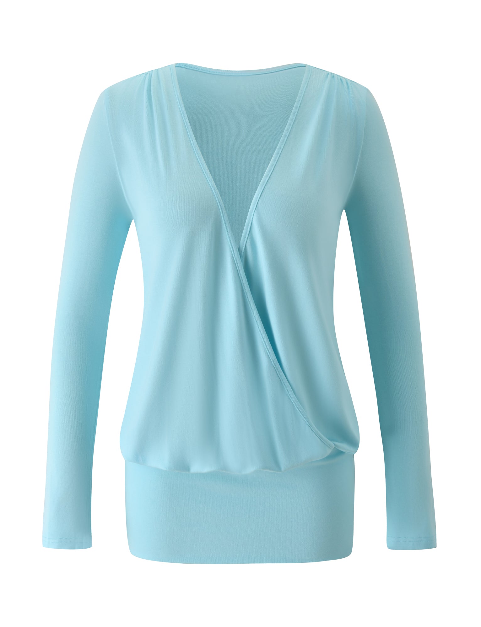 Introducing the FOXLEY MINI DRESS in Aqua Blue by TIGERMIST—a light blue, long-sleeve mini dress featuring a deep V-neck and faux wrap front that channels the sophisticated look of a classic surplice style. Crafted from soft fabric with a wide, fitted bottom hem for a polished finish, this dress offers effortless elegance for any occasion.