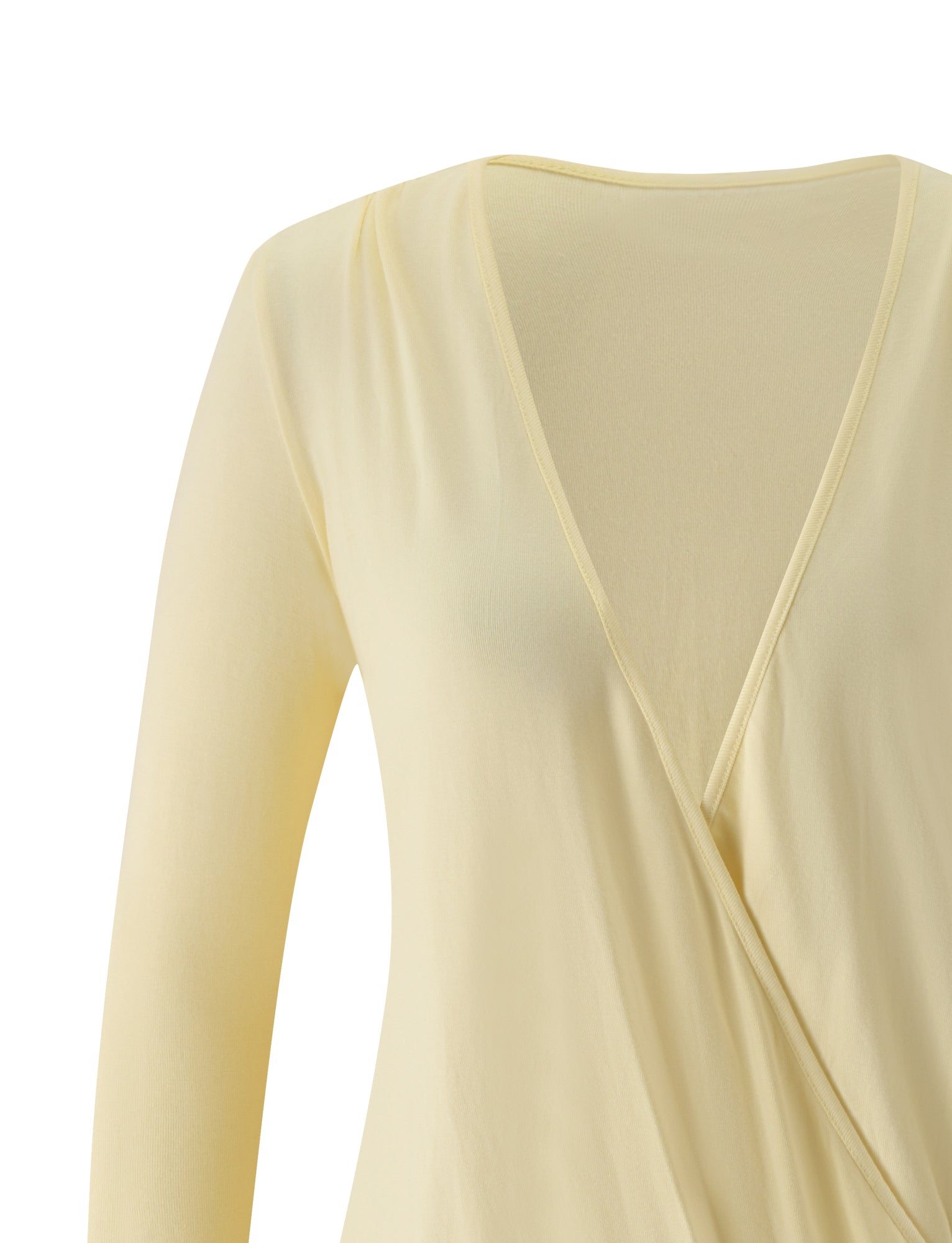 The TIGERMIST FOXLEY MINI DRESS in Butter Cream is a light yellow long-sleeve wrap surplice dress featuring a deep V-neck, displayed on a plain white background.