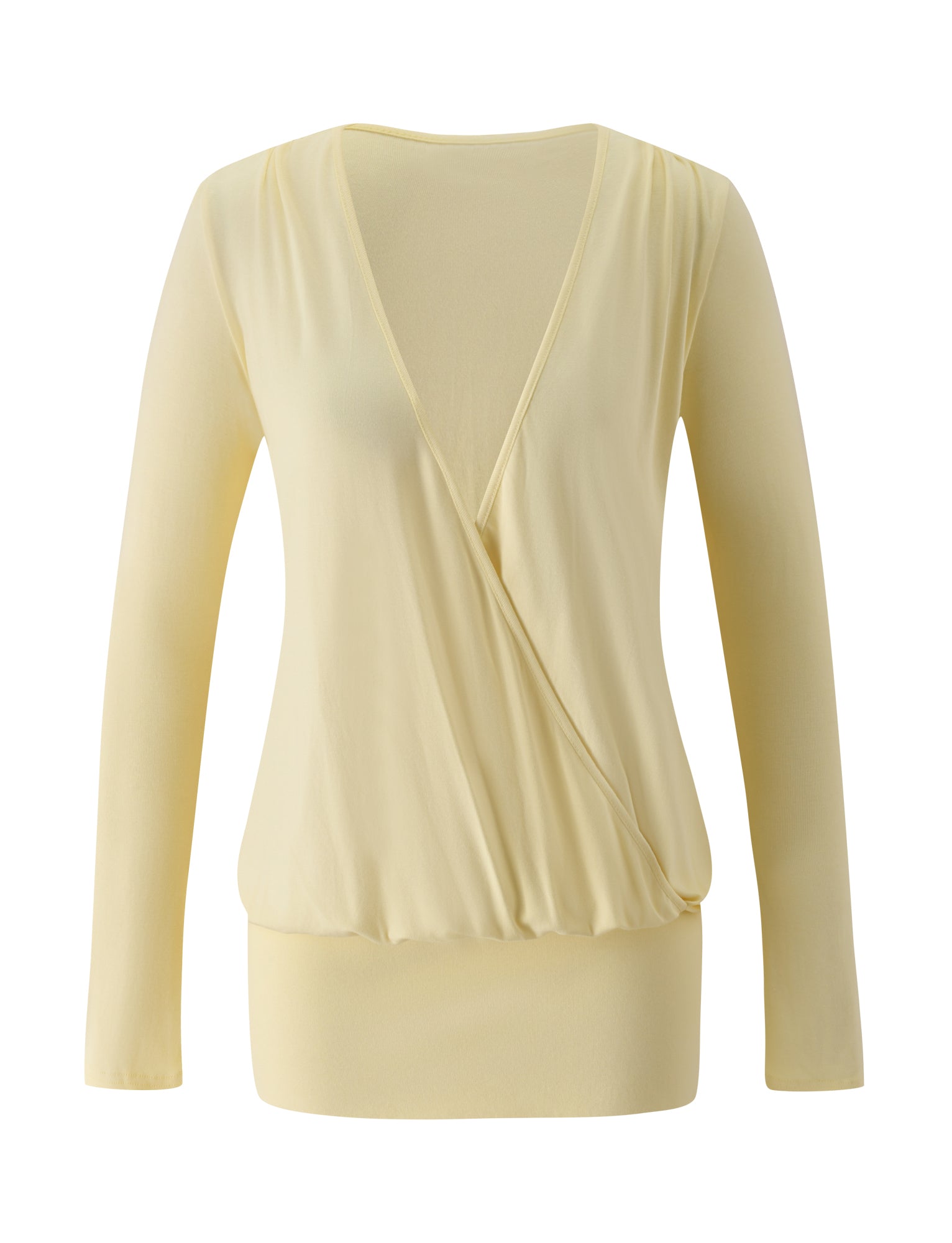 Introducing the TIGERMIST FOXLEY MINI DRESS in Butter Cream—a light yellow, long-sleeve mini dress featuring a deep V-neckline and wrap-style front with a fitted waistband, reminiscent of a classic surplice silhouette. Crafted from soft, slightly stretchy fabric, this dress is showcased against a plain white background.