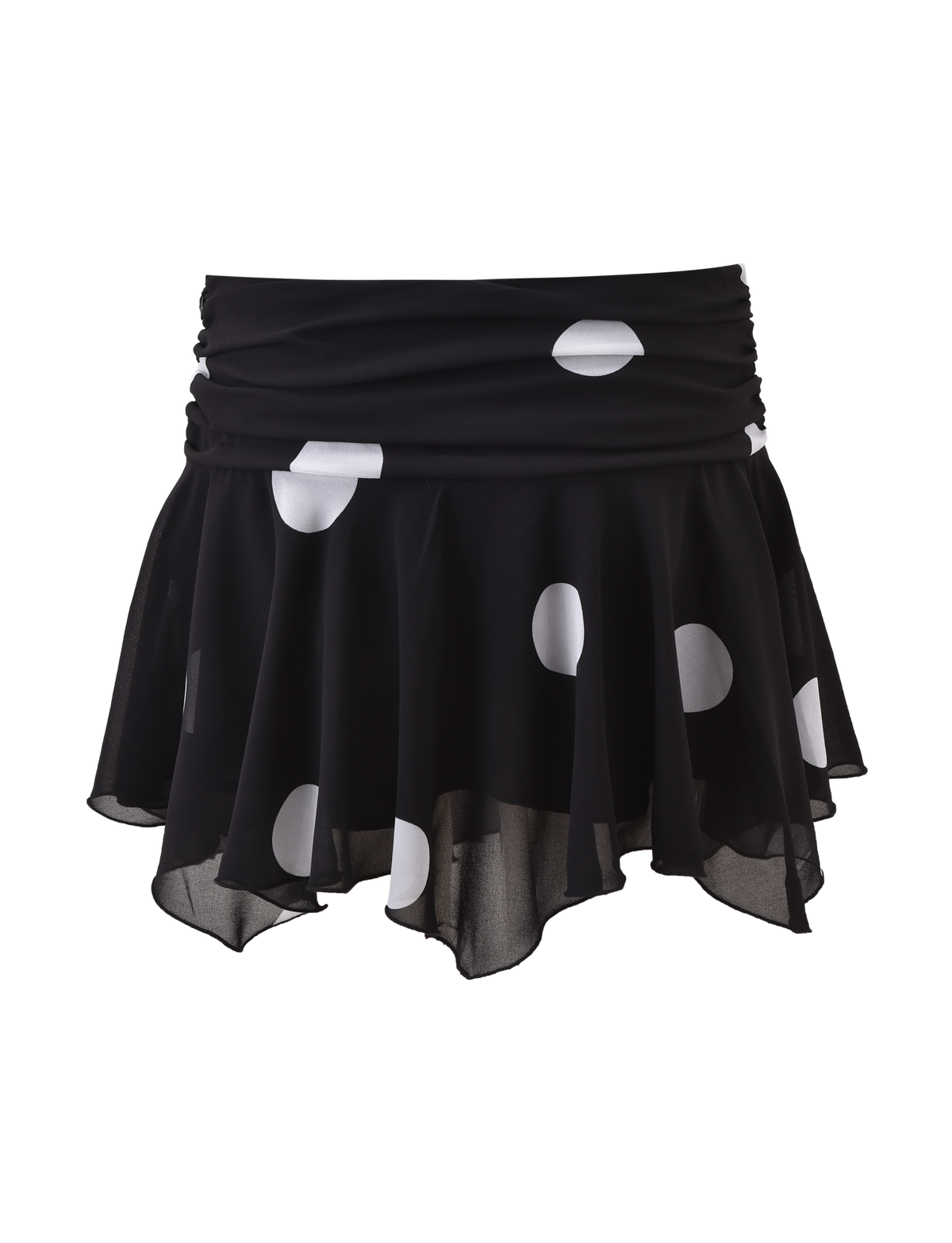 The AYDIN MINI SKIRT by TIGERMIST features black chiffon with large white polka dots, a ruched waistband, and a flowy, asymmetrical hem for a playful, chic style.