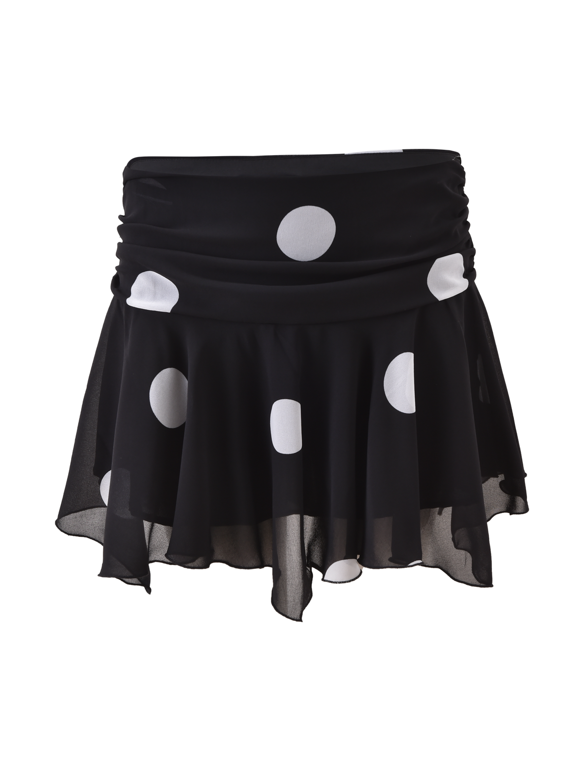 The AYDIN MINI SKIRT by TIGERMIST is a black chiffon mini with large white polka dots, a ruched waistband, layered flowy design, and an asymmetrical hem for a playful, modern vibe.