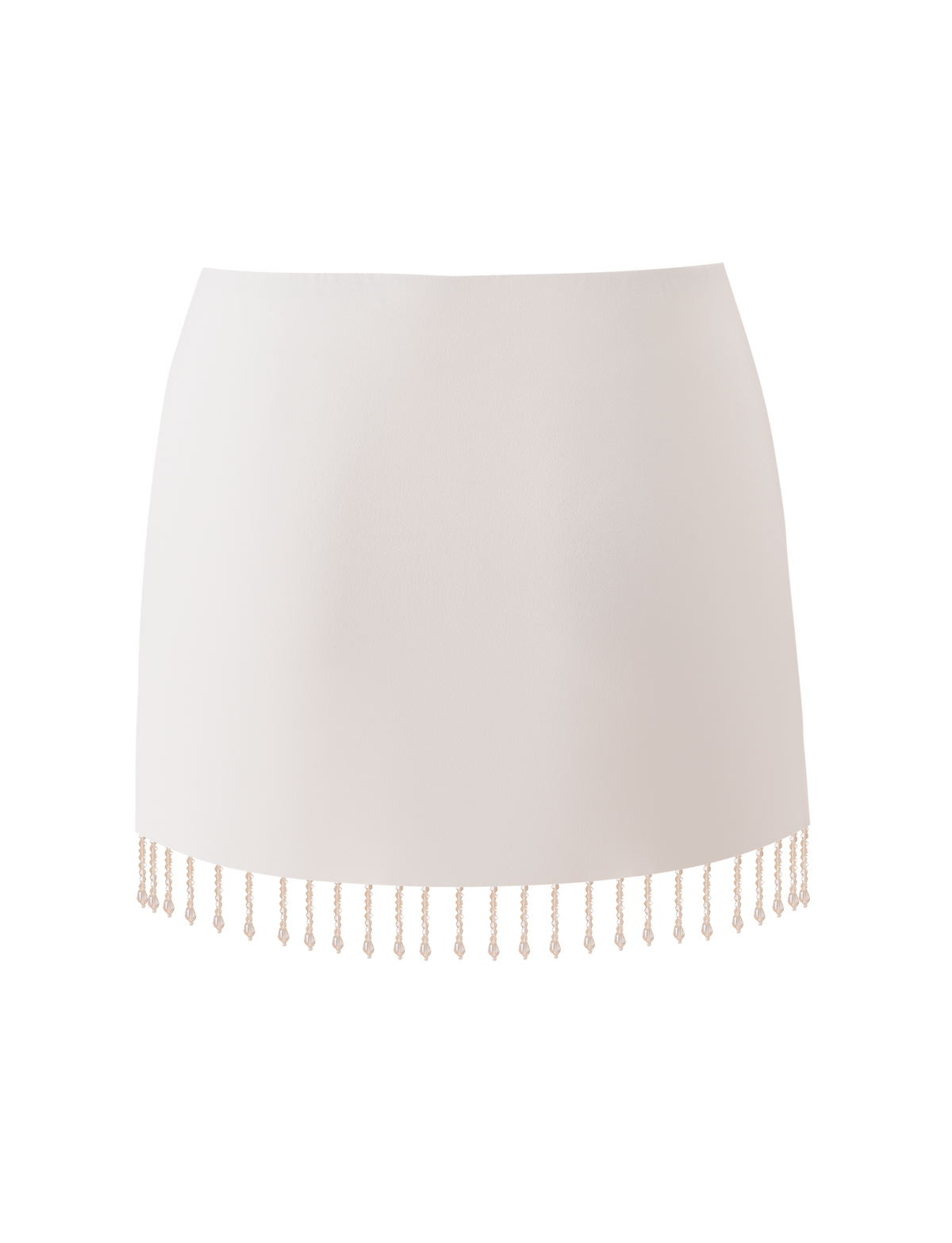 The AUBRIELLA TASSLE MINI SKIRT by TIGERMIST is a cream mini skirt with a straight cut and beaded tassel fringe along the hem for a chic, simple look.