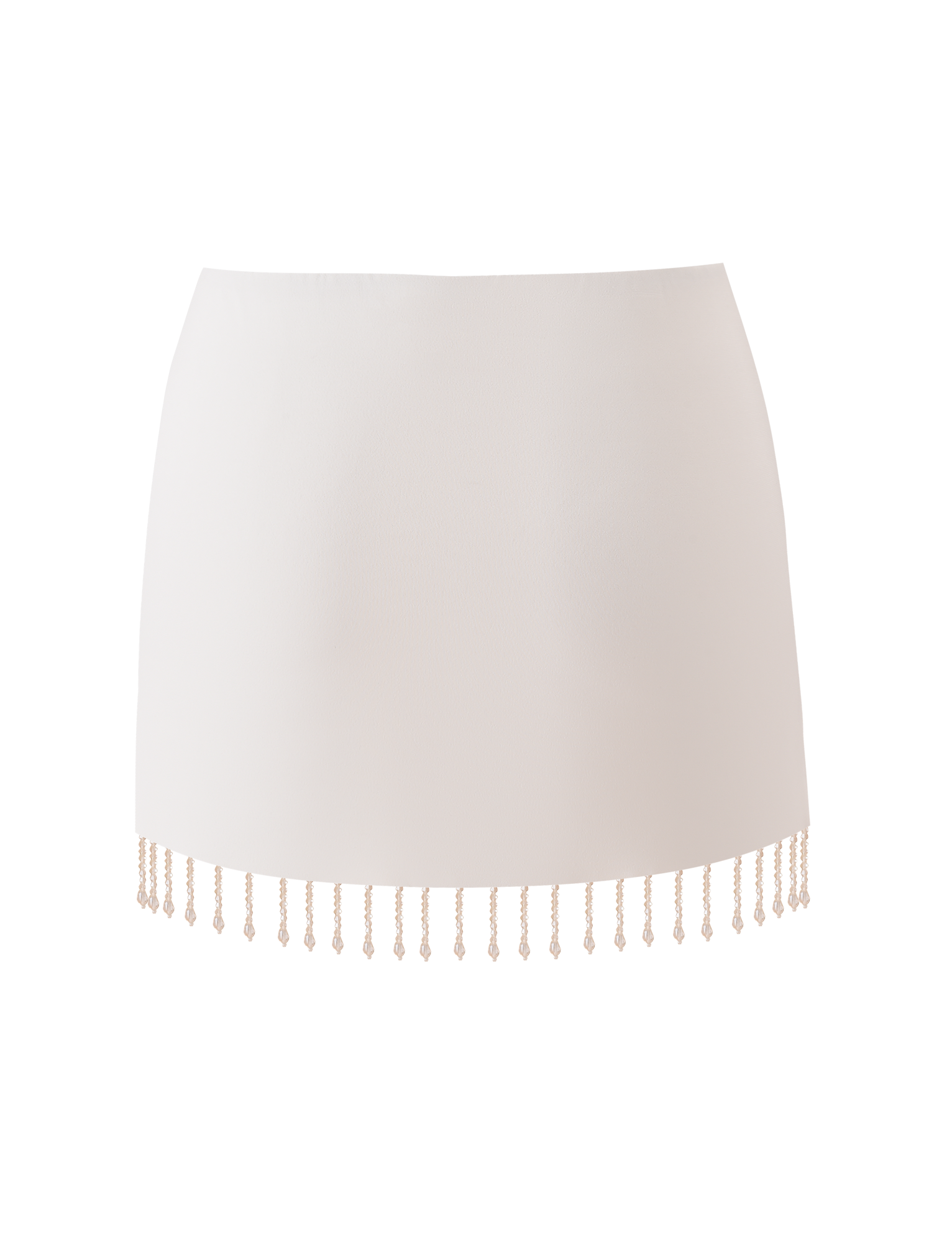 The AUBRIELLA TASSLE MINI SKIRT by TIGERMIST is a cream mini skirt with a straight cut and beaded tassel fringe along the hem for a chic, simple look.