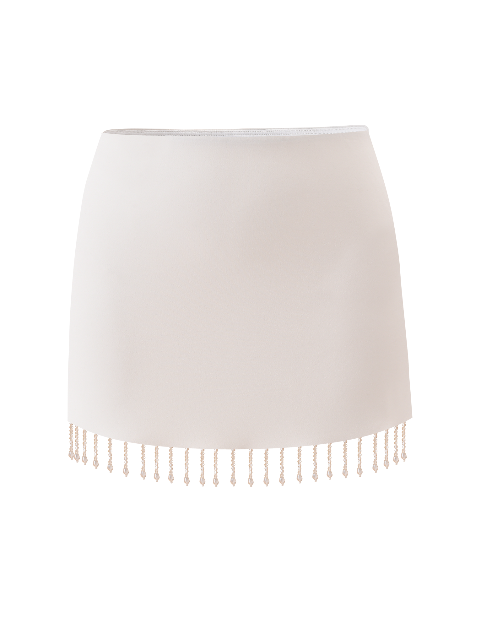 The AUBRIELLA TASSLE MINI SKIRT by TIGERMIST features a cream hue, simple straight cut, and playful beaded tassel fringe along the hem for a stylish touch.