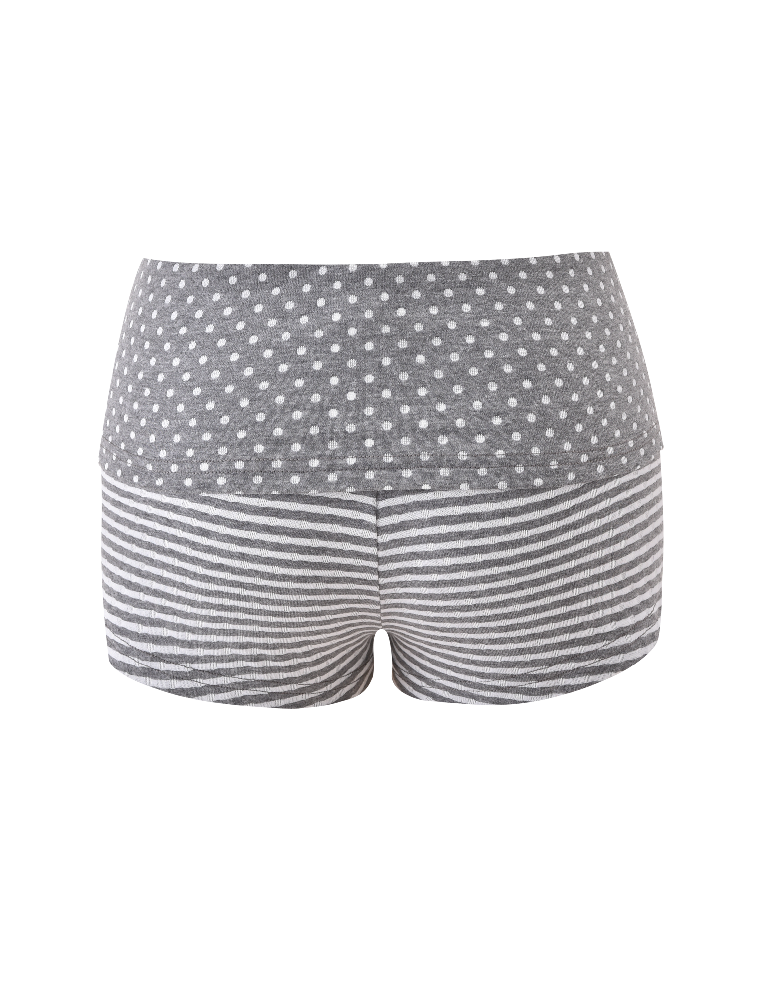 The DASHIELL MINI SHORT by TIGERMIST is a heather grey women's low-rise short, featuring polka dots on the upper half and horizontal white and grey stripes on the lower half, shown against a white background.