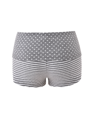The DASHIELL MINI SHORT by TIGERMIST is a heather grey women's low-rise short, featuring polka dots on the upper half and horizontal white and grey stripes on the lower half, shown against a white background.