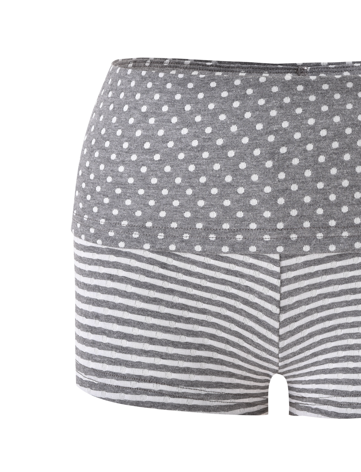 The TIGERMIST DASHIELL MINI SHORT in heather grey features gray and white rib knit, a polka dot waistband, and horizontal stripes below. These low-rise women’s shorts are shown against a plain white background.