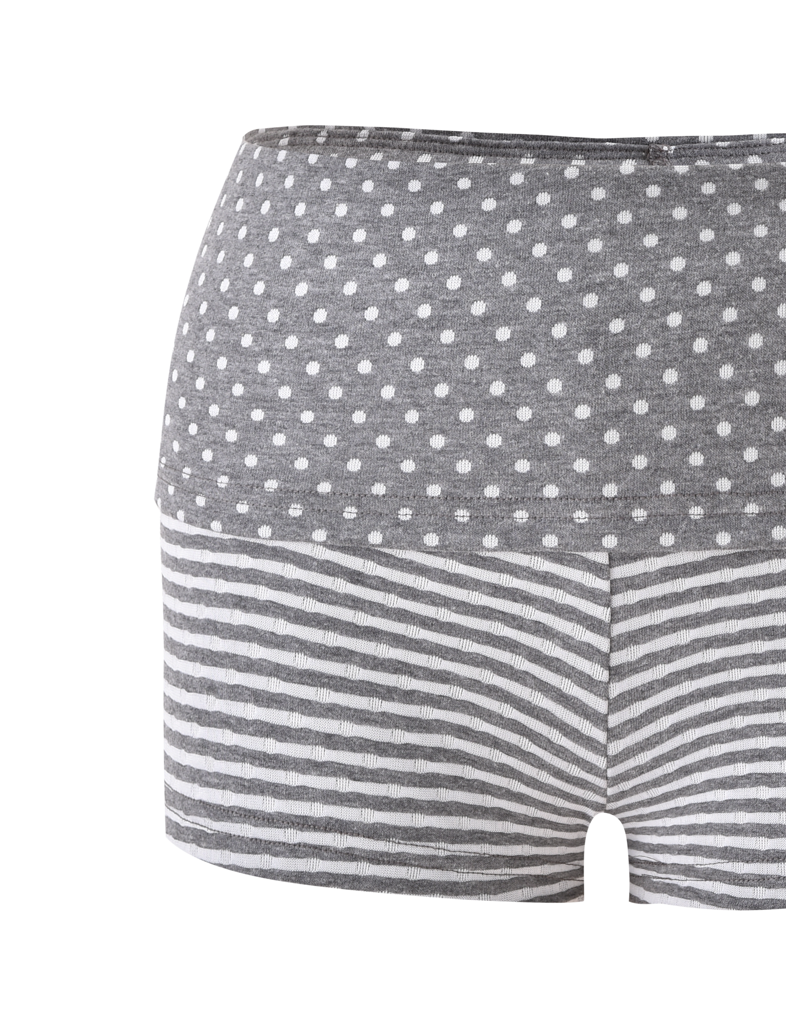 The TIGERMIST DASHIELL MINI SHORT in heather grey features gray and white rib knit, a polka dot waistband, and horizontal stripes below. These low-rise women’s shorts are shown against a plain white background.