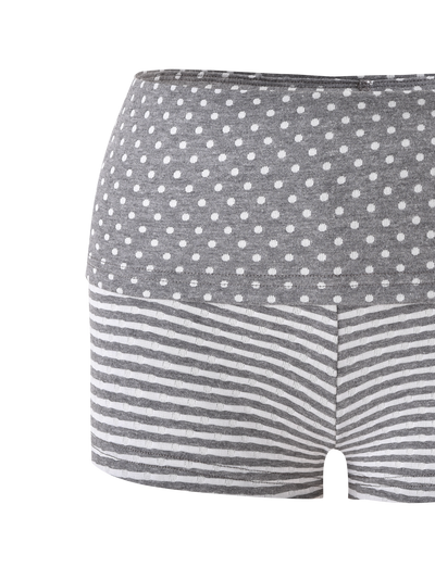 The TIGERMIST DASHIELL MINI SHORT in heather grey features gray and white rib knit, a polka dot waistband, and horizontal stripes below. These low-rise women’s shorts are shown against a plain white background.