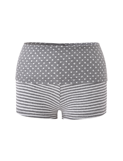 The DASHIELL MINI SHORT by TIGERMIST is a women’s high-waisted gray rib knit short, featuring white polka dots on the top half and horizontal white and gray stripes on the bottom, shown on a plain white background.