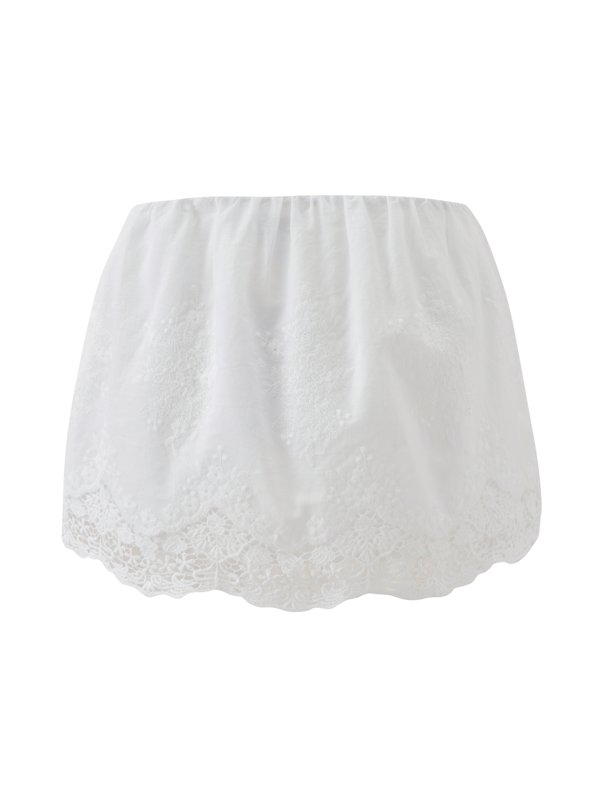The TIGERMIST CAILEIGH MINI SKIRT in white features a scalloped hem, delicate floral embroidery, and elegant lace detailing, perfect for adding charm to your look when worn under a skirt or dress.