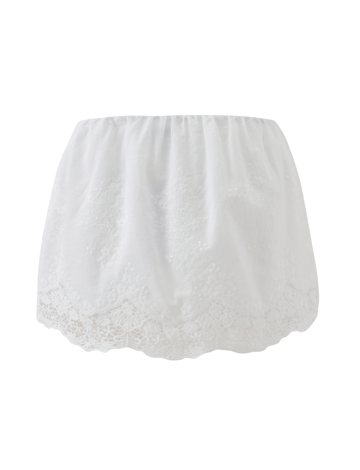 The TIGERMIST CAILEIGH MINI SKIRT in white features a scalloped hem, delicate floral embroidery, and elegant lace detailing, perfect for adding charm to your look when worn under a skirt or dress.