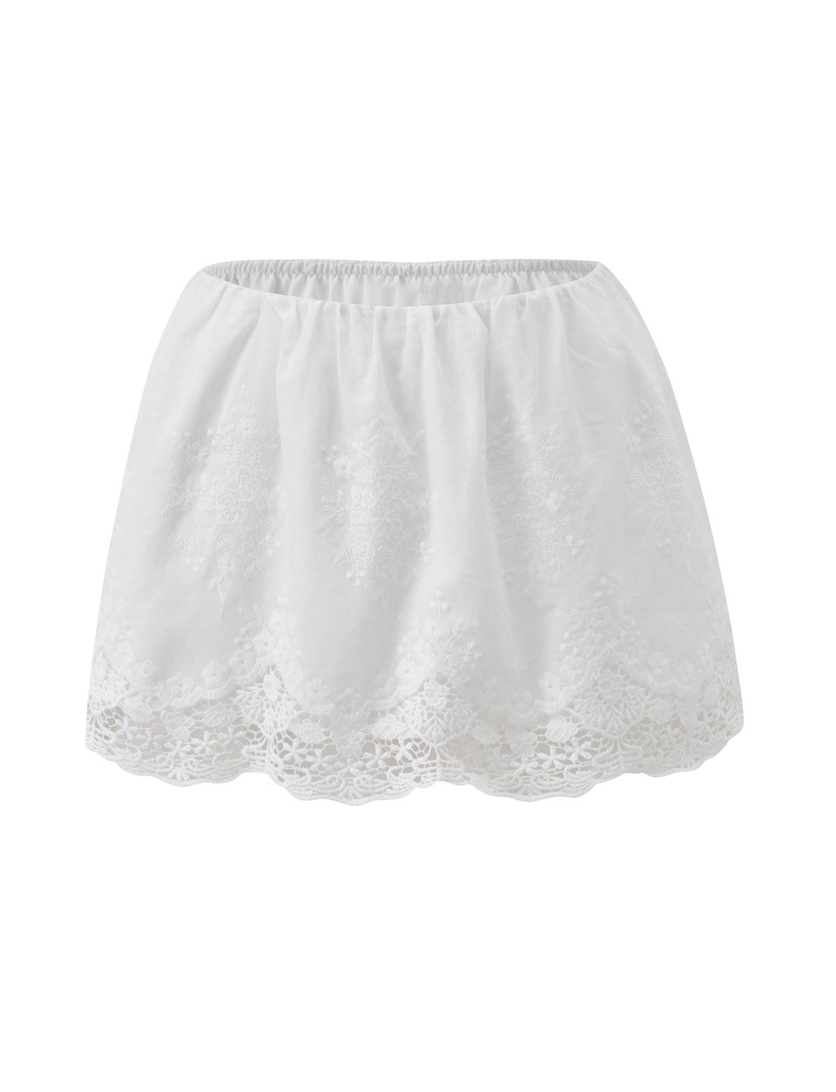 The CAILEIGH MINI SKIRT by TIGERMIST features an elastic waistband, scalloped hem, delicate lace accents, and floral embroidery at the bottom. Its A-line fit creates a light, airy look in crisp white.