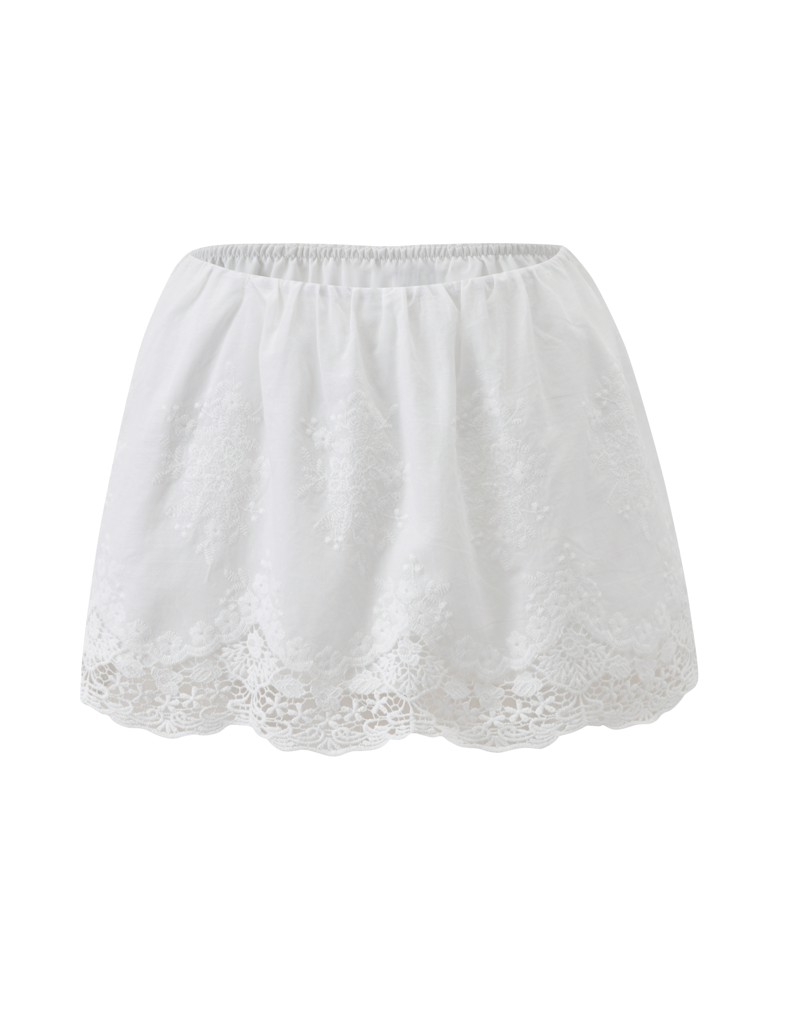The CAILEIGH MINI SKIRT by TIGERMIST features an elastic waistband, scalloped hem, delicate lace accents, and floral embroidery at the bottom. Its A-line fit creates a light, airy look in crisp white.