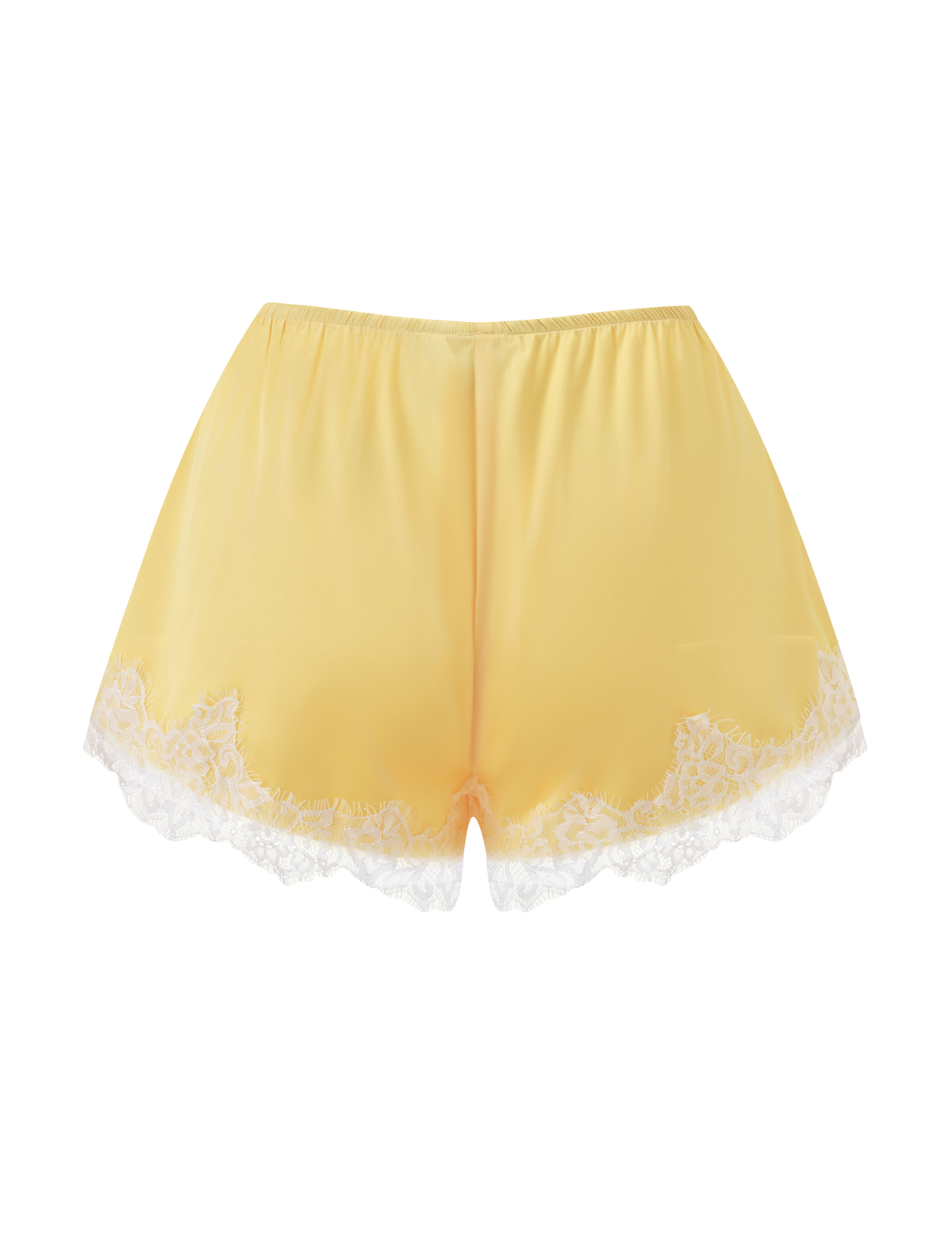 The TIGERMIST SOLSTICE SHORT - YELLOW features yellow satin fabric with white lace trim at the hem, shown on a plain white background. Pair these shorts with the matching Solstice Top for a chic, coordinated look.