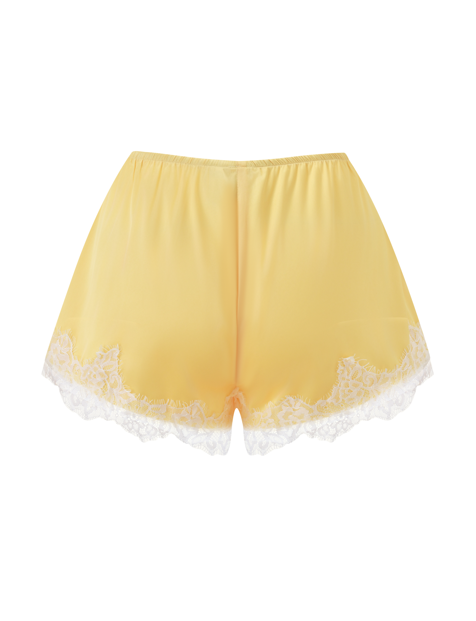 The SOLSTICE SHORT-YELLOW by TIGERMIST is a yellow satin mini short featuring an elastic waistband and delicate white lace trim at the hem, shown against a plain white background.