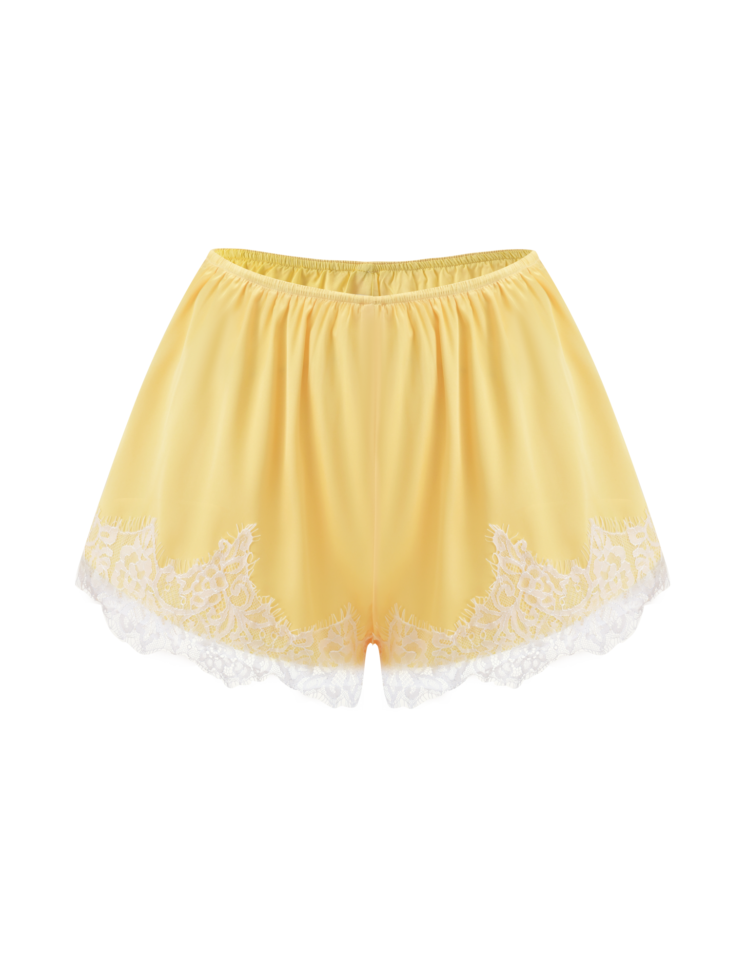 The SOLSTICE SHORT-YELLOW by TIGERMIST features yellow satin fabric, an elastic waistband, and white lace trim at the hem. Perfect for matching sets. Displayed on a plain white background.