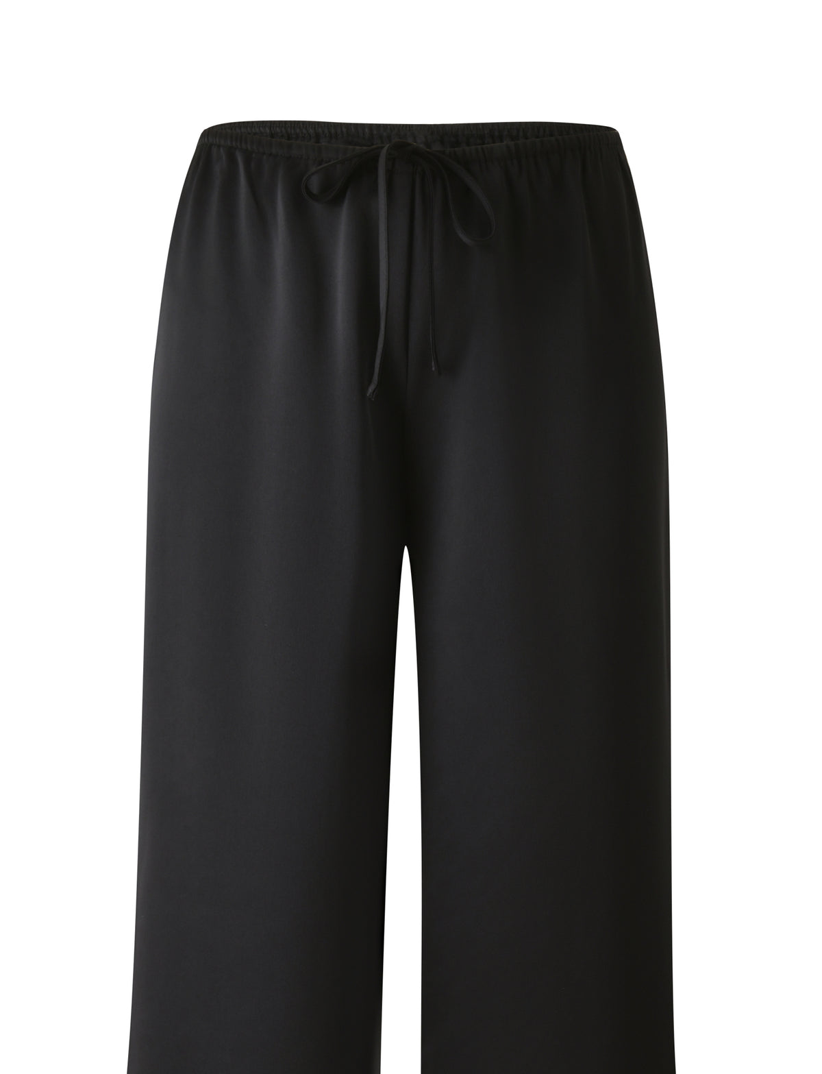 MAURA PANT - BLACK: black wide-leg satin pants with an elastic drawstring waistband.