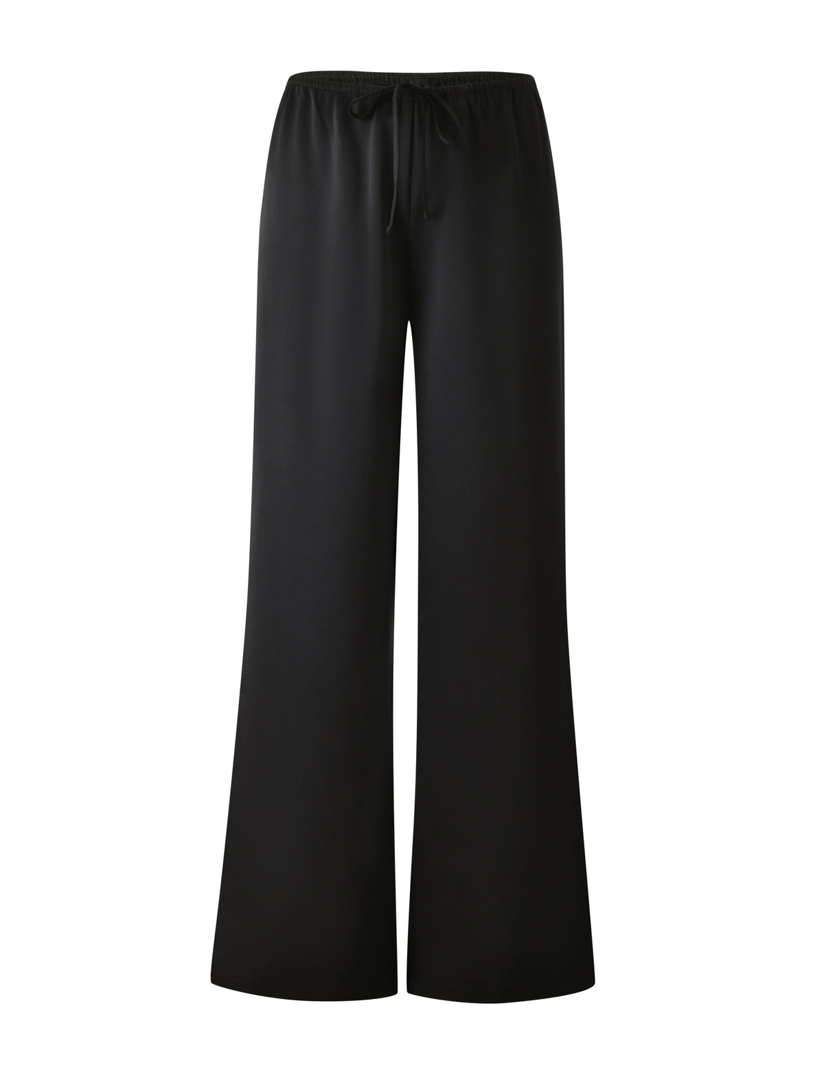 MAURA PANT - BLACK satin wide-leg pants with an elastic adjustable waist and drawstring.