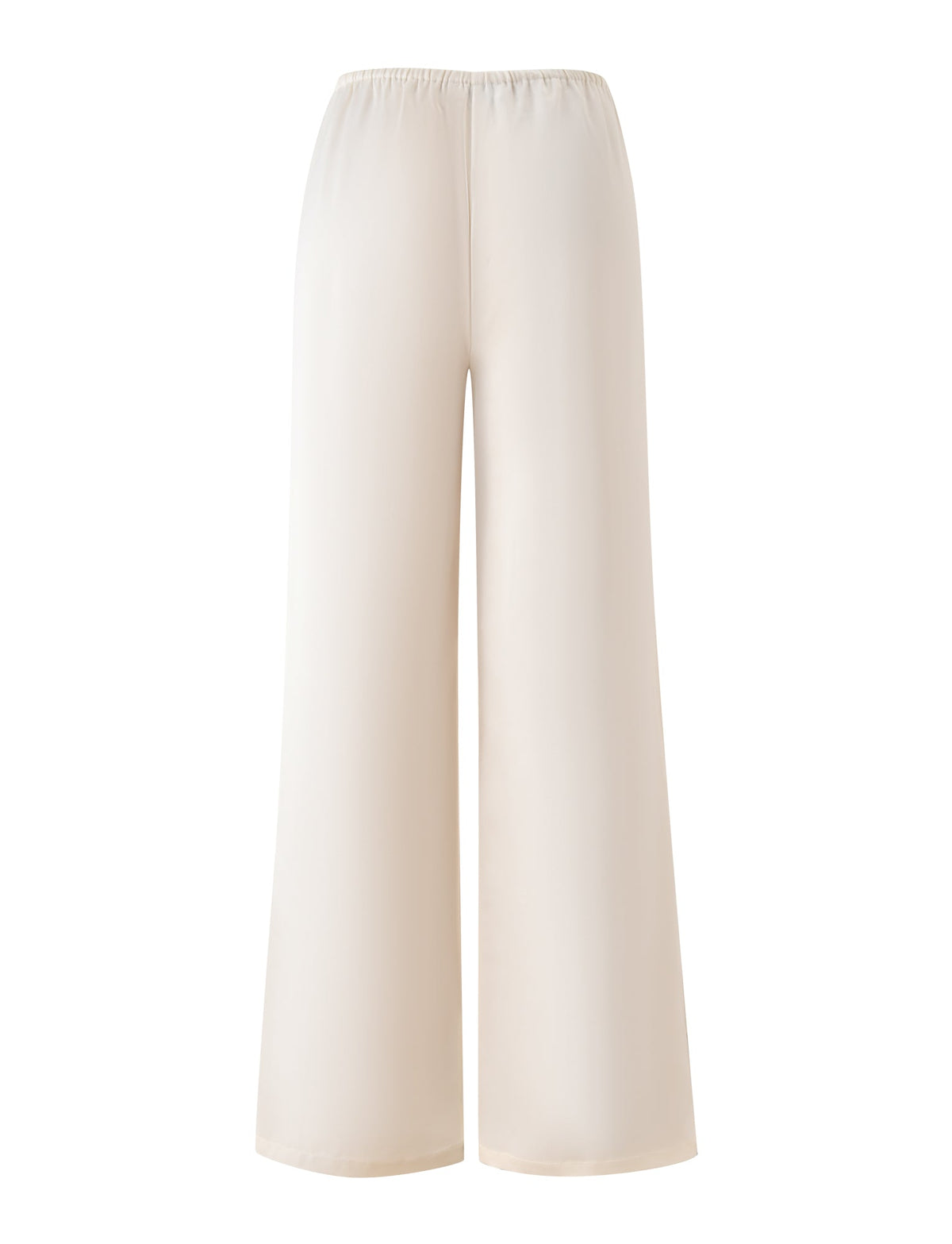 The TIGERMIST MAURA PANT – WHITE features wide legs and a high rise, crafted from drapey satin with an elastic, adjustable waistband. Shown from the front against a white background, these pants combine comfort and elegance for an effortlessly chic style.